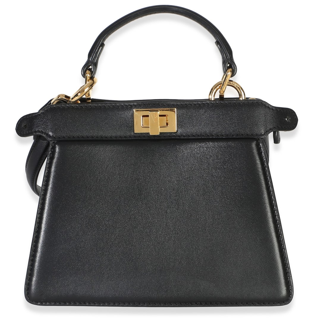 Fendi Petite Peekaboo I SEE U Black Leather Top Handle Bag: Fendi Petite Peekaboo I SEE U Black Leather Top Handle Bag A pre-owned Fendi Petite Peekaboo I SEE U satchel in black shiny nappa leather. This compact design features a turnlock closure, black leathe