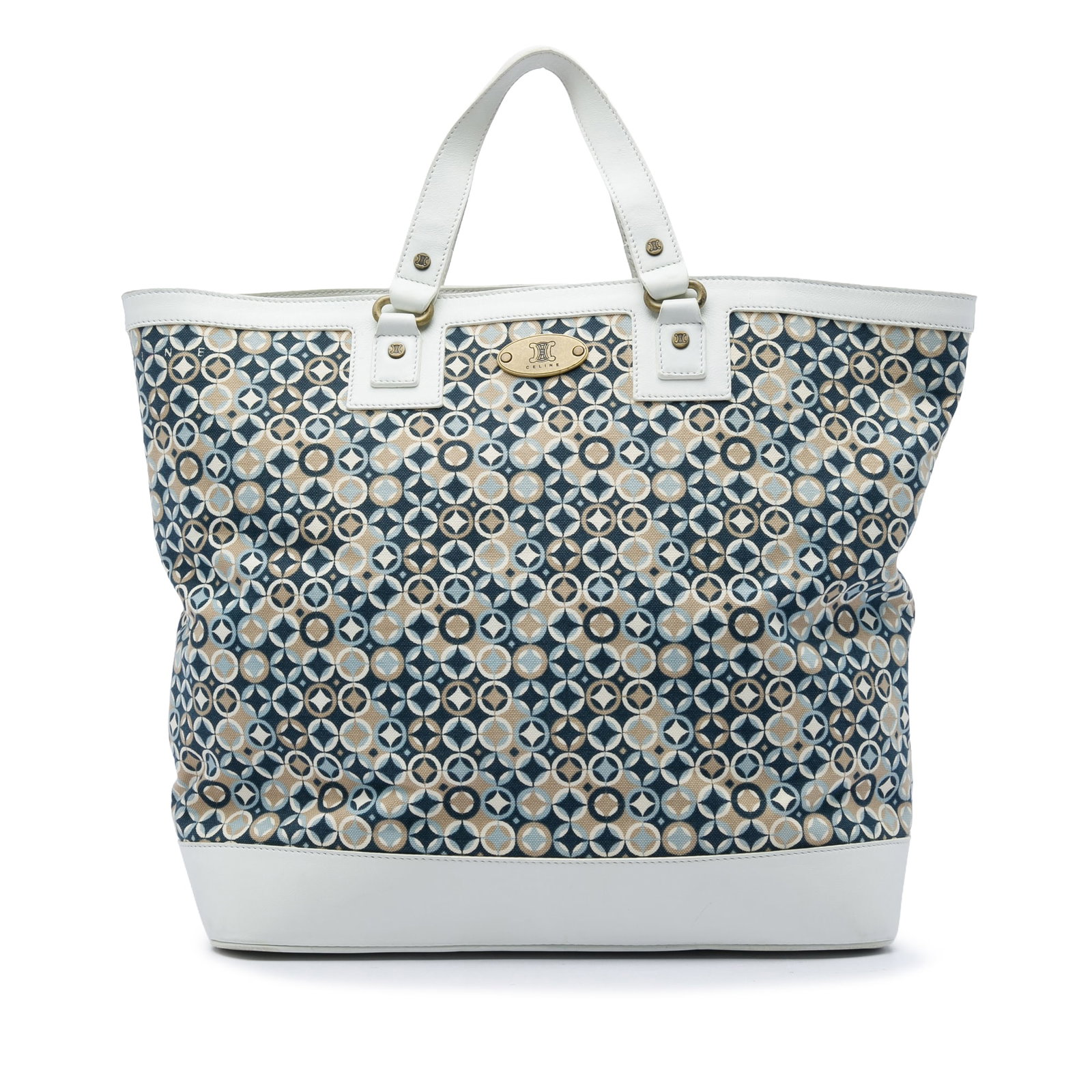 Celine Printed Canvas Tote Bag with Leather Trim: Celine Printed Canvas Tote Bag with Leather Trim Celine printed canvas tote with leather trim and flat leather straps. The bag features an open top with a D-ring and hook closure, plus an interior zip