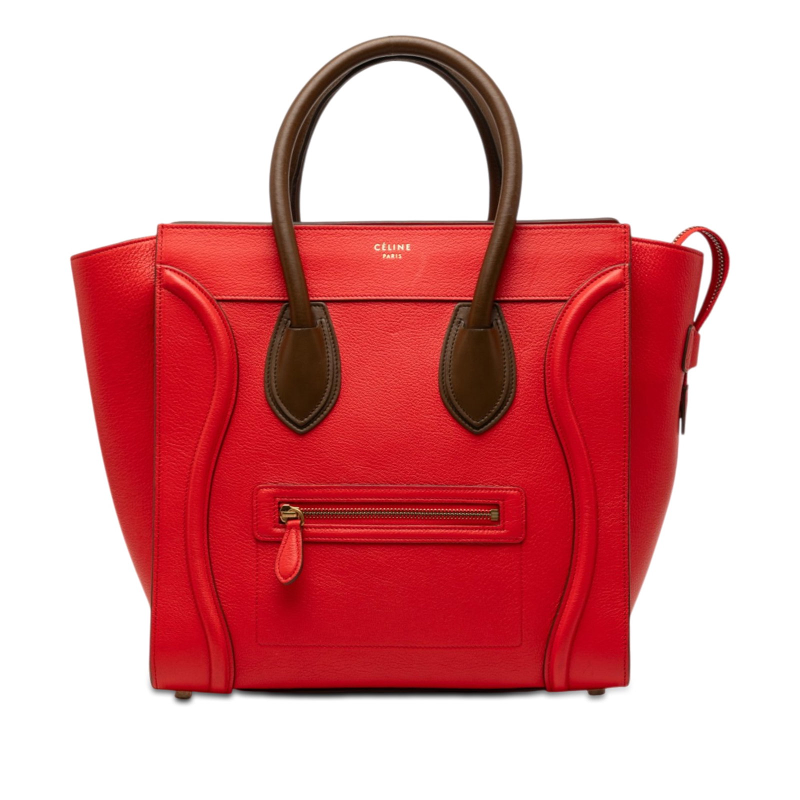 Celine Mini Luggage Tote in Red Bicolor Leather: Celine Mini Luggage Tote in Red Bicolor Leather A structured and functional Celine Mini Bicolor Leather Luggage Tote crafted in leather with rolled leather handles and a top zip closure. The design in