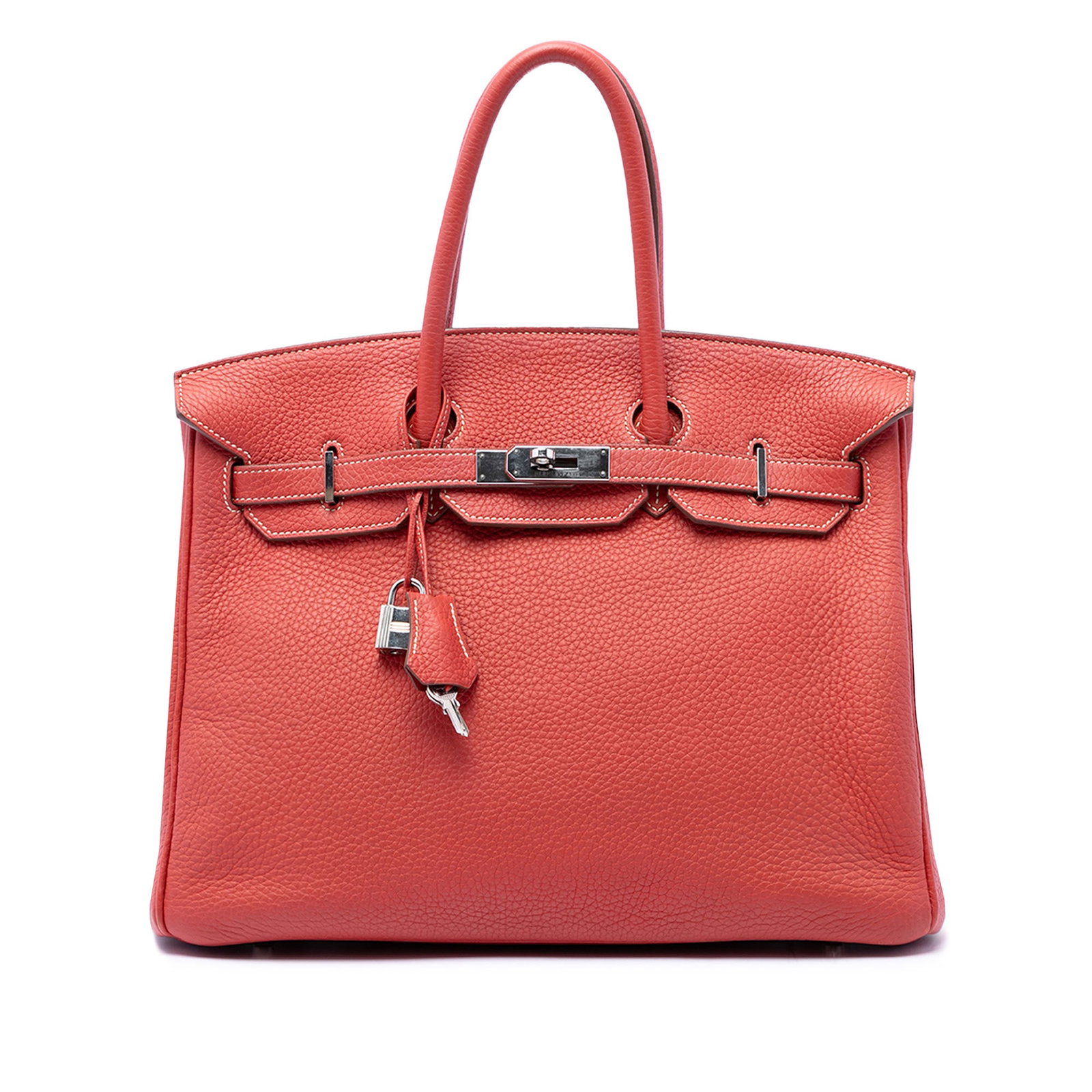 Hermes Birkin Retourne 35 Clemence Leather Handbag Rouge Pivoine: Hermes Birkin Retourne 35 Clemence Leather Handbag Rouge Pivoine Hermes Birkin 35 Retourne in Rouge Pivoine Clemence leather with rolled leather handles, a front flap with strap and turn-lock closure,