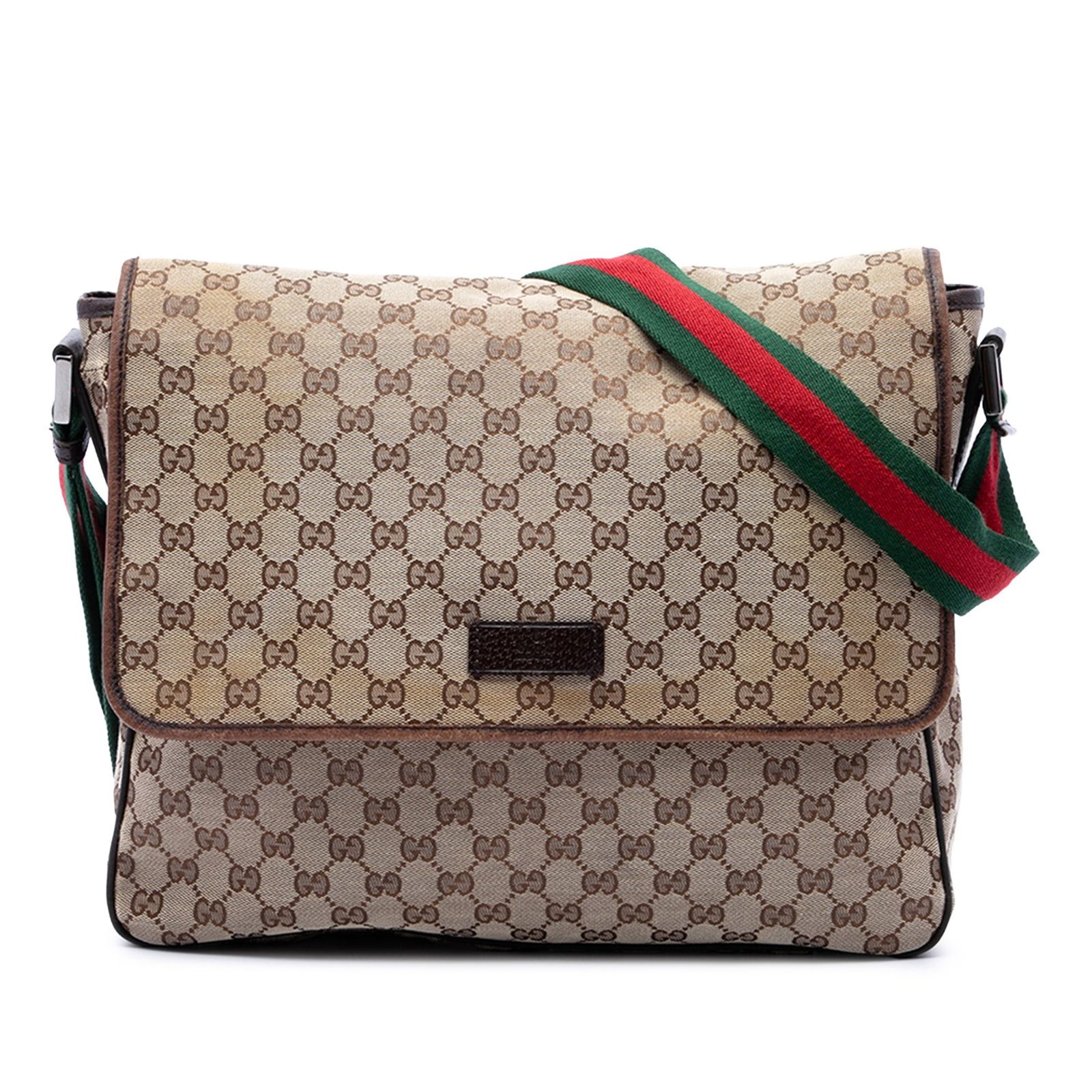 Gucci GG Canvas Messenger Crossbody Bag with Web Strap: Gucci GG Canvas Messenger Crossbody Bag with Web Strap Gucci GG Canvas Web Flap Messenger Bag with a beige canvas body and leather trim. This crossbody style features an adjustable flat web shoulder s
