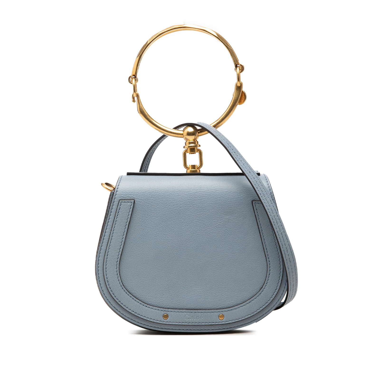 Chloe Nile Small Blue Leather Bracelet Handle Satchel: Chloe Nile Small Blue Leather Bracelet Handle Satchel A compact Chloe Nile bracelet satchel crafted in blue leather with the collection's distinctive metal hoop handle. This small satchel also include