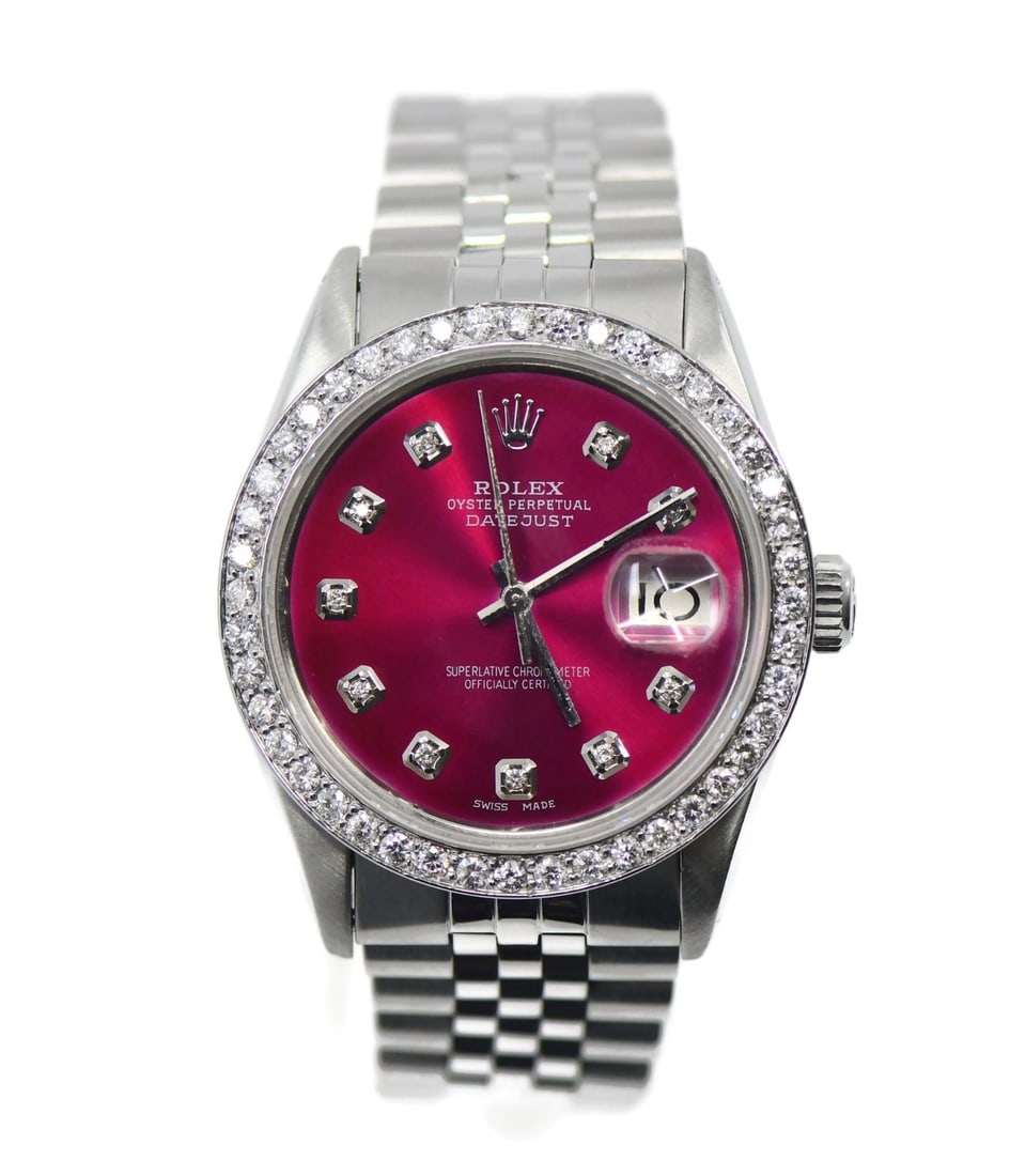 Rolex 16014 Datejust mens stainless steel diamond dial watch: Rolex 16014 Datejust mens stainless steel diamond dial watch Pre-owned Rolex Datejust wristwatch for men with a customized diamond red dial and diamond bezel. This analog watch features a stainless st