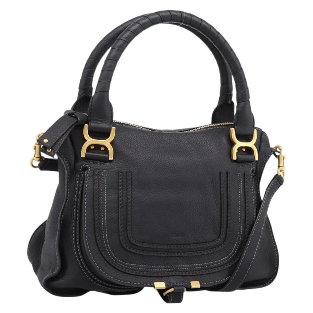 Chloe Marcie Black Leather 2way Handbag with Shoulder Strap: Chloe Marcie Black Leather 2way Handbag with Shoulder Strap Chloe Marcie 2-way handbag in black leather with gold-tone accents. Made in Italy, this women's handbag includes a shoulder strap for versat