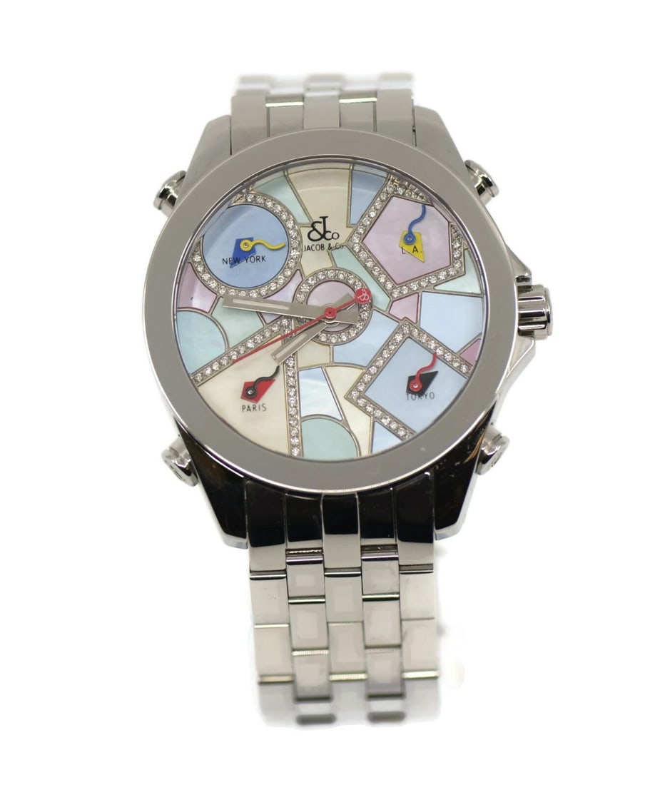 Jacob & Co JC-113DA Five Time Zone Diamond 47 mm Wristwatch: Jacob & Co JC-113DA Five Time Zone Diamond 47 mm Wristwatch Pre-owned Jacob & Co. Five Time Zone wristwatch with a diamond-accented design, stainless steel case and bracelet, and quartz movement. This
