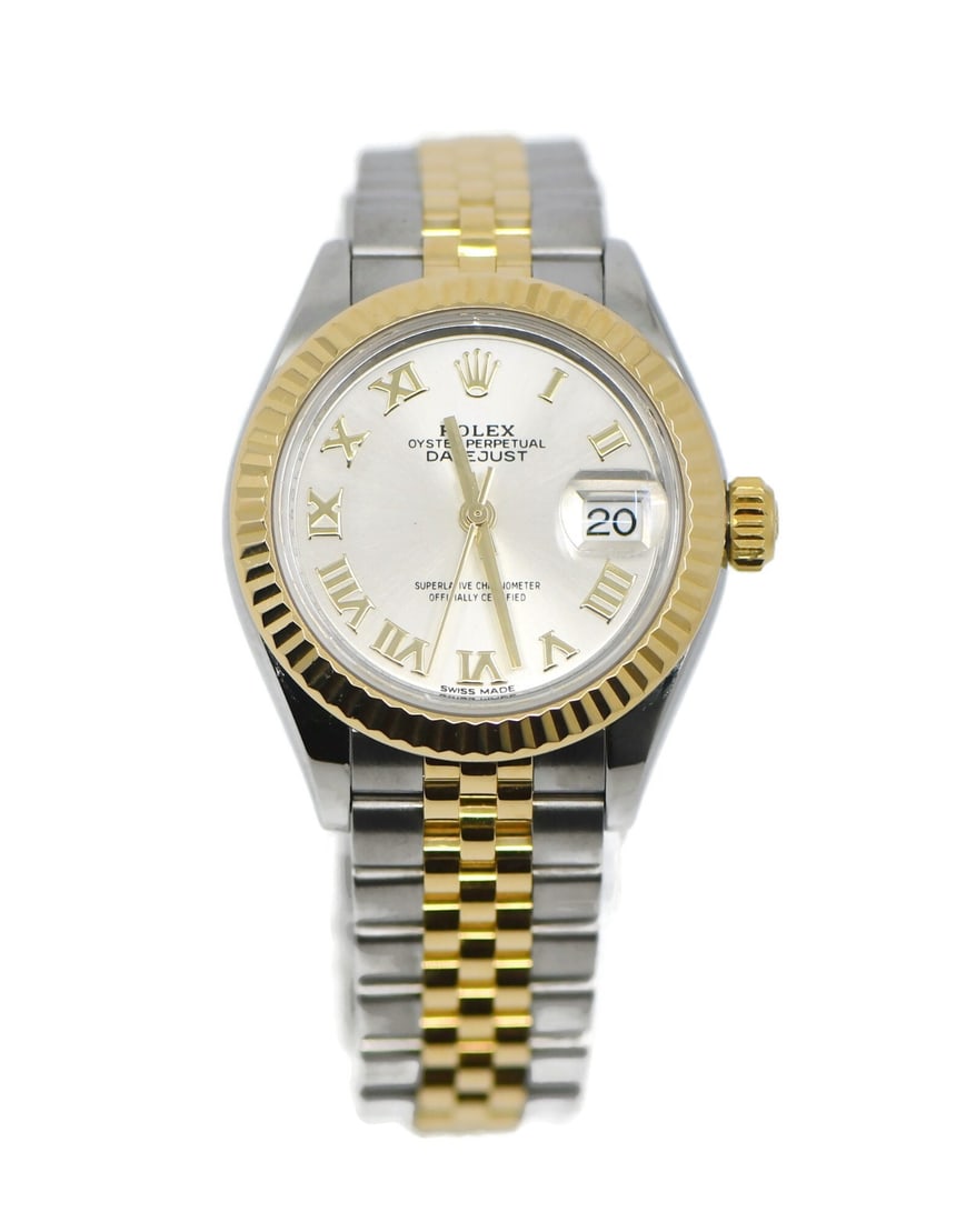 Rolex Datejust 279173 28mm women's steel and 18K wristwatch: Rolex Datejust 279173 28mm women's steel and 18K wristwatch Rolex Datejust 28 reference 279173 is a pre-owned women's wristwatch with a classic round case, silver dial, Roman numeral hour markers, and