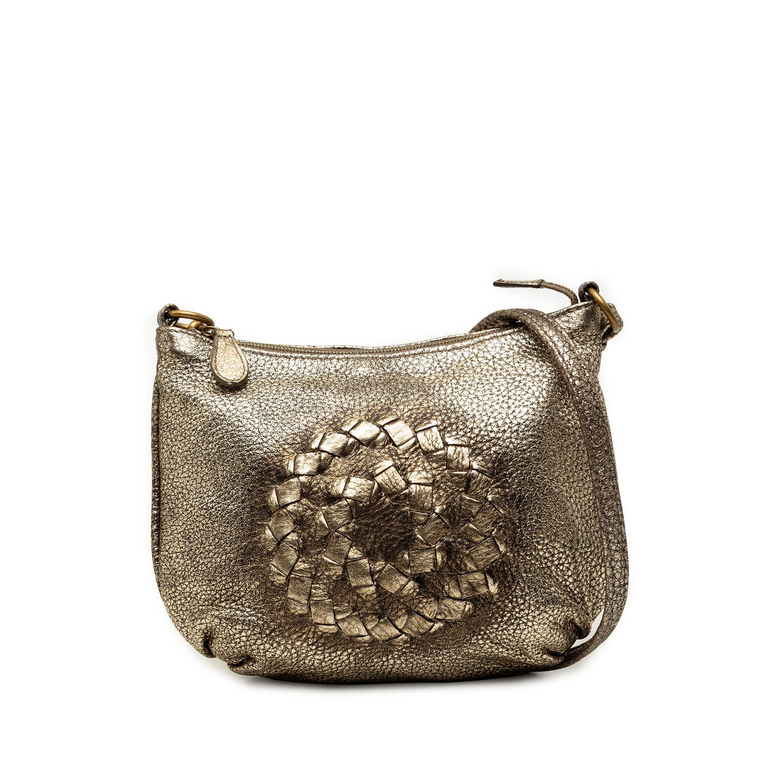 Bottega Veneta Illusion Shoulder Bag Metallic Cervo Deerskin Leather: Bottega Veneta Illusion Shoulder Bag Metallic Cervo Deerskin Leather A Bottega Veneta shoulder bag crafted in leather with metallic intrecciato-trimmed woven detailing. The design features a flat leat