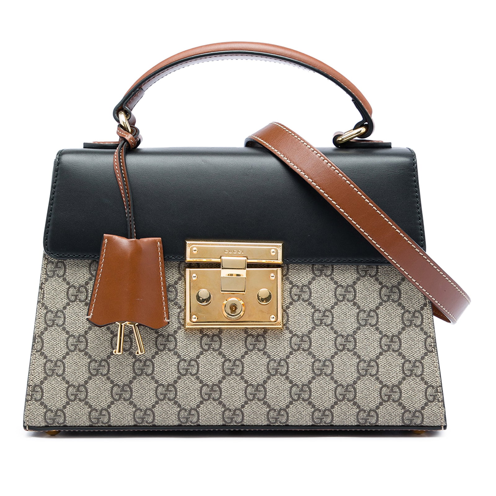 Gucci Padlock Small Satchel in GG Supreme Canvas: Gucci Padlock Small Satchel in GG Supreme Canvas A Gucci Small GG Supreme Padlock Satchel crafted with a coated canvas body and leather trim. This satchel features a flat leather top handle, a detacha