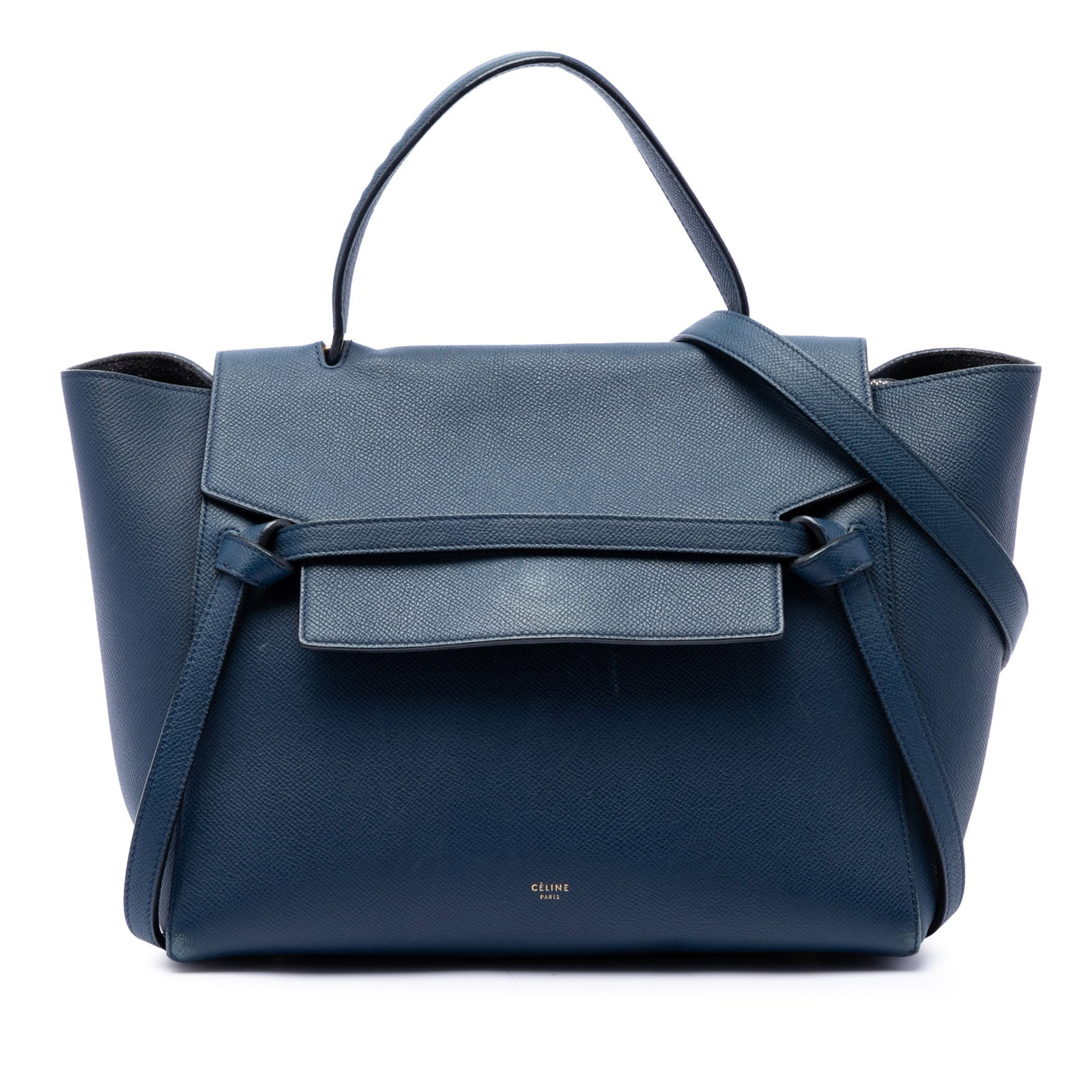 Celine Belt Bag Mini Blue Grained Calfskin Leather Handbag: Celine Belt Bag Mini Blue Grained Calfskin Leather Handbag A Celine Mini Grained Calfskin Belt Bag in blue leather with a structured silhouette and practical carry options. The bag features a flat lea