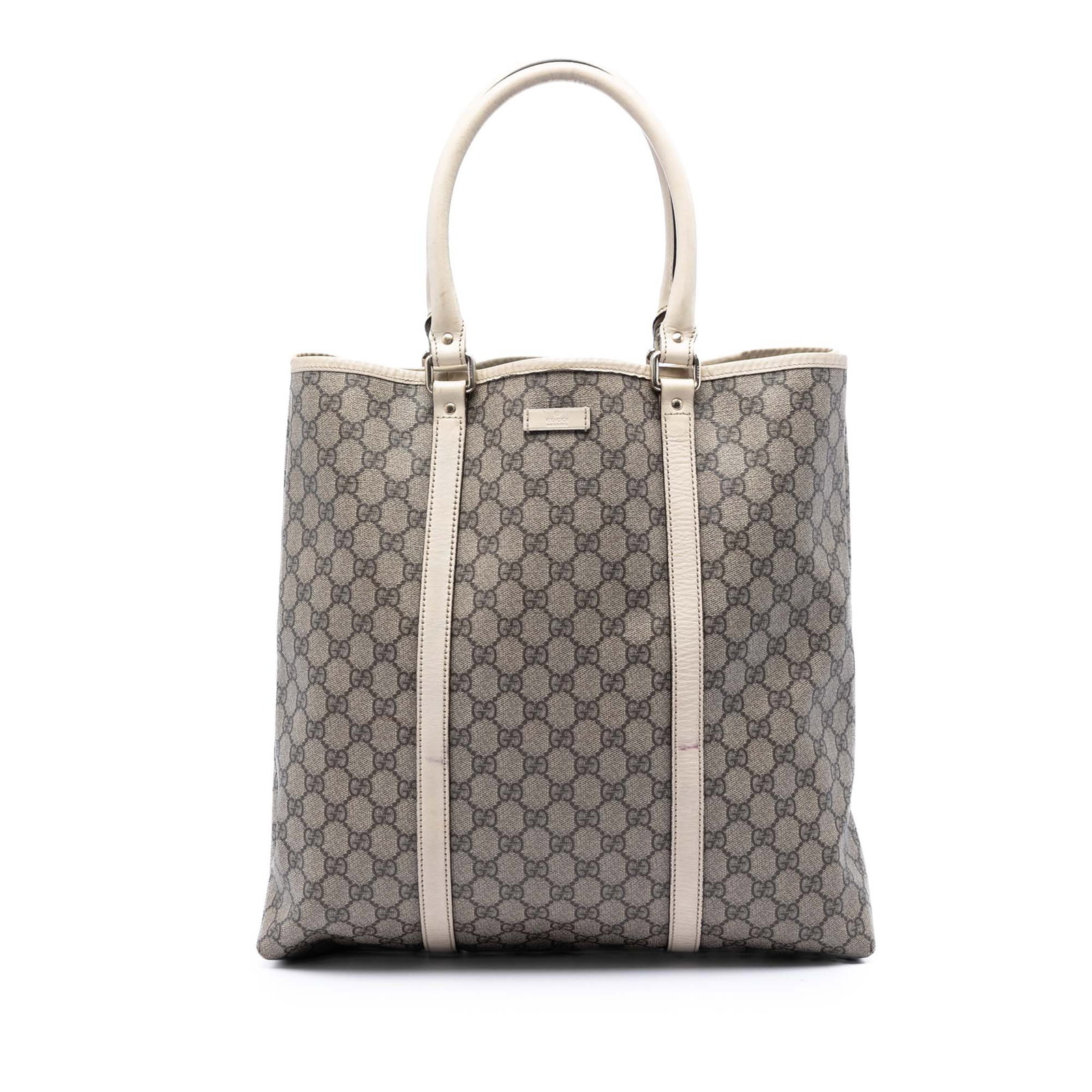 Gucci GG Supreme Joy Vertical Tote Coated Canvas Bag: Gucci GG Supreme Joy Vertical Tote Coated Canvas Bag Gucci GG Supreme Joy Vertical Tote in beige with a coated canvas body and leather trim. This tote features rolled leather handles, an open top with