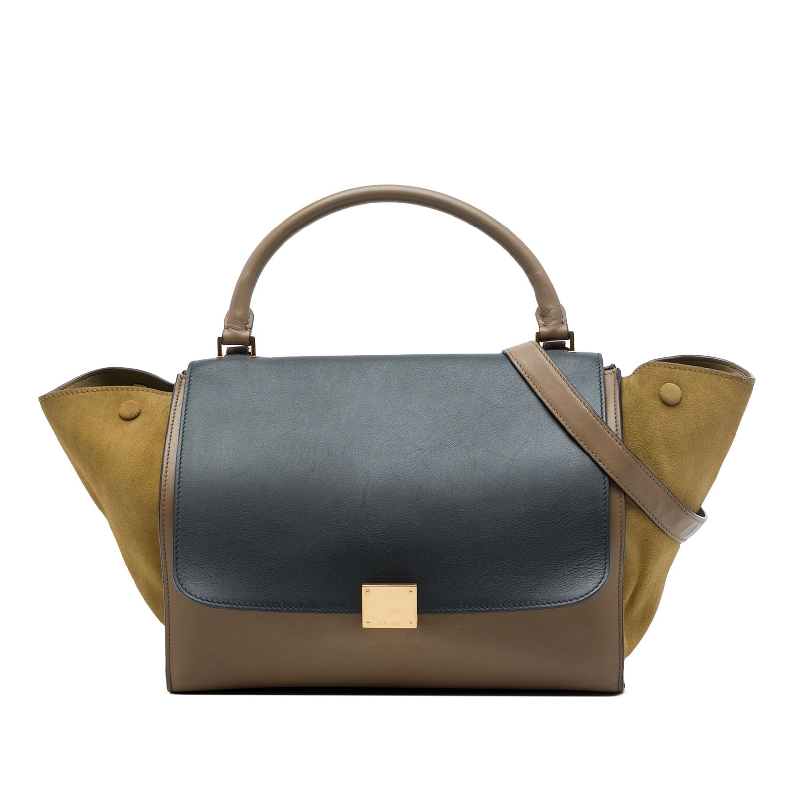 Celine Trapeze Medium Satchel Brown Leather Suede Shoulder Bag: Celine Trapeze Medium Satchel Brown Leather Suede Shoulder Bag A Celine Medium Tricolor Trapeze satchel crafted with a leather body and suede side panels. This satchel features a rolled leather top ha