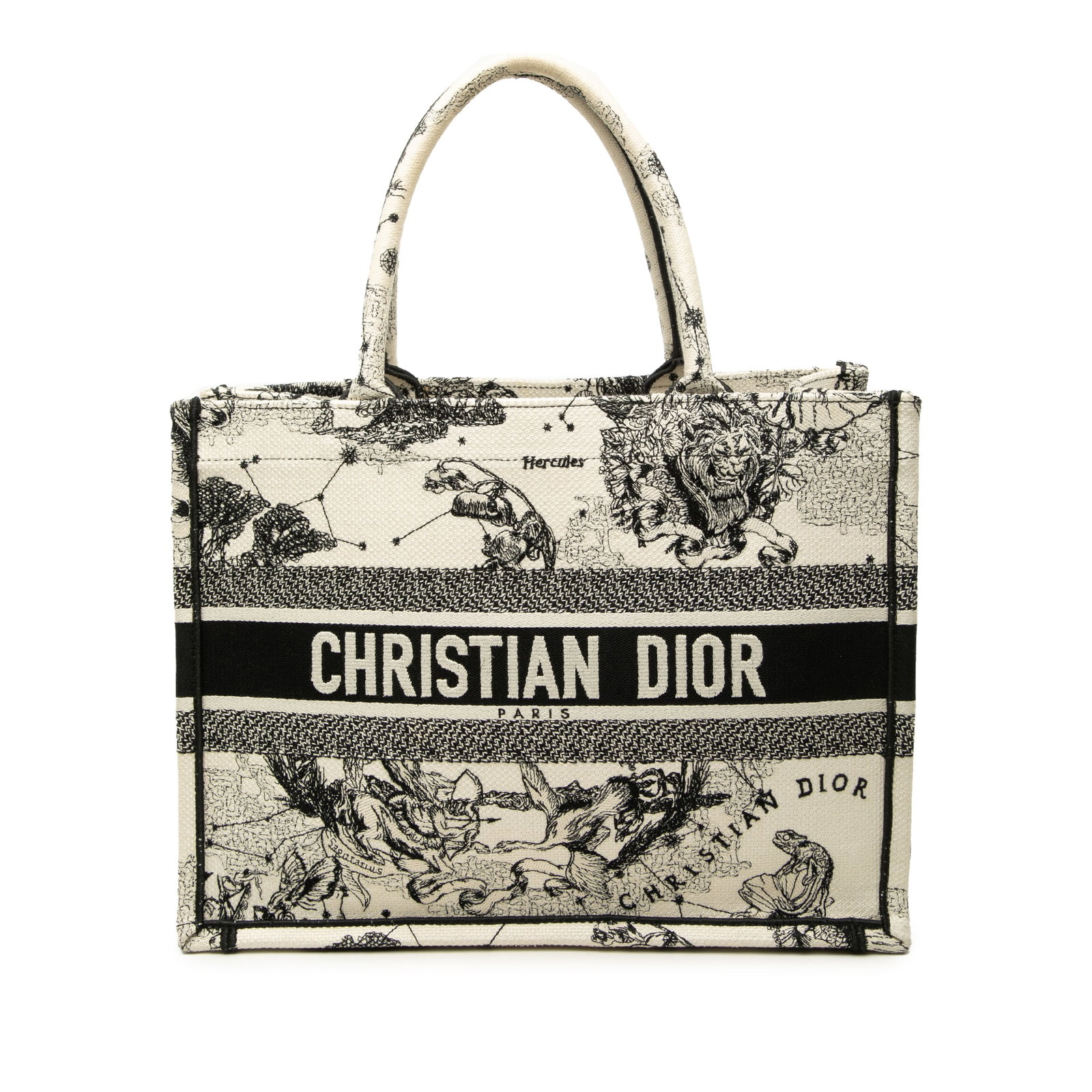 Dior Zodiac Toile de Jouy Medium Book Tote in Embroidered Canvas: Dior Zodiac Toile de Jouy Medium Book Tote in Embroidered Canvas Medium Book Tote in embroidered canvas with the Zodiac Toile de Jouy motif. This open-top tote features rolled fabric handles and a str