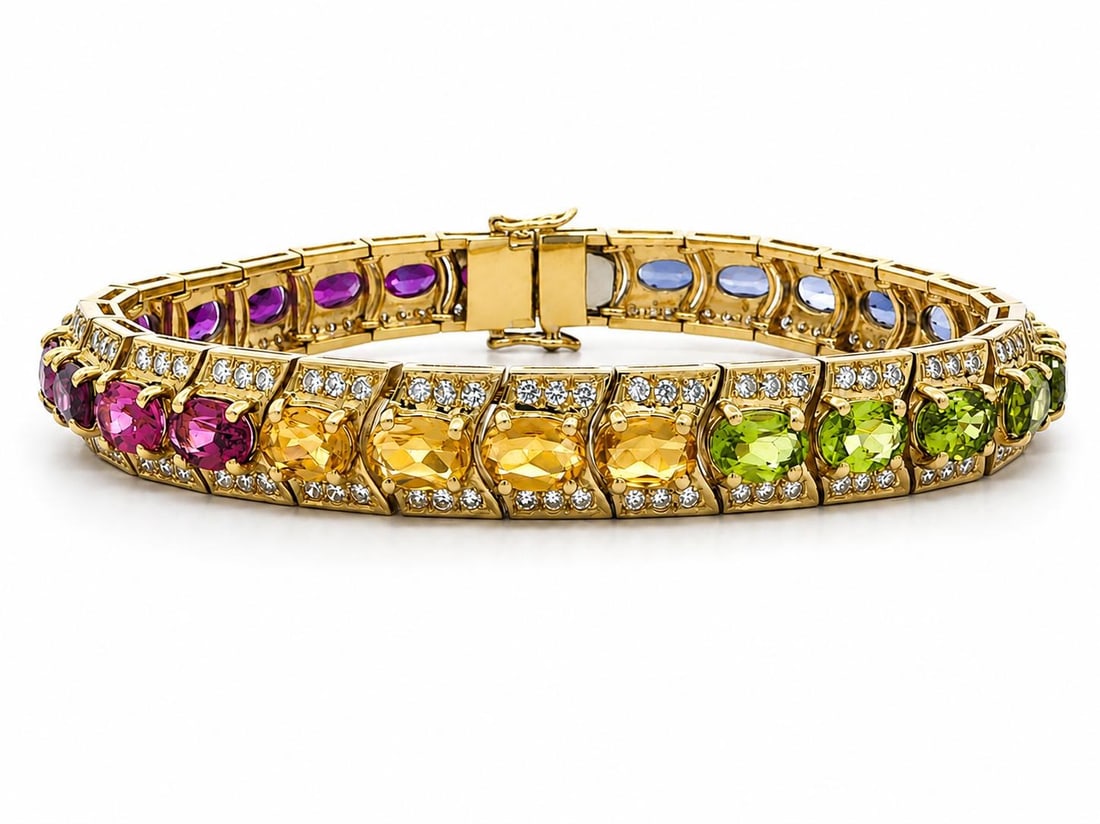 Chevron Link Bracelet 18k Yellow Gold Diamond and Gemstone Gradient Design: Chevron Link Bracelet 18k Yellow Gold Diamond and Gemstone Gradient Design Pre-owned chevron link bracelet crafted in solid 18k yellow gold, featuring a gradient arrangement of oval-cut iolite, perido