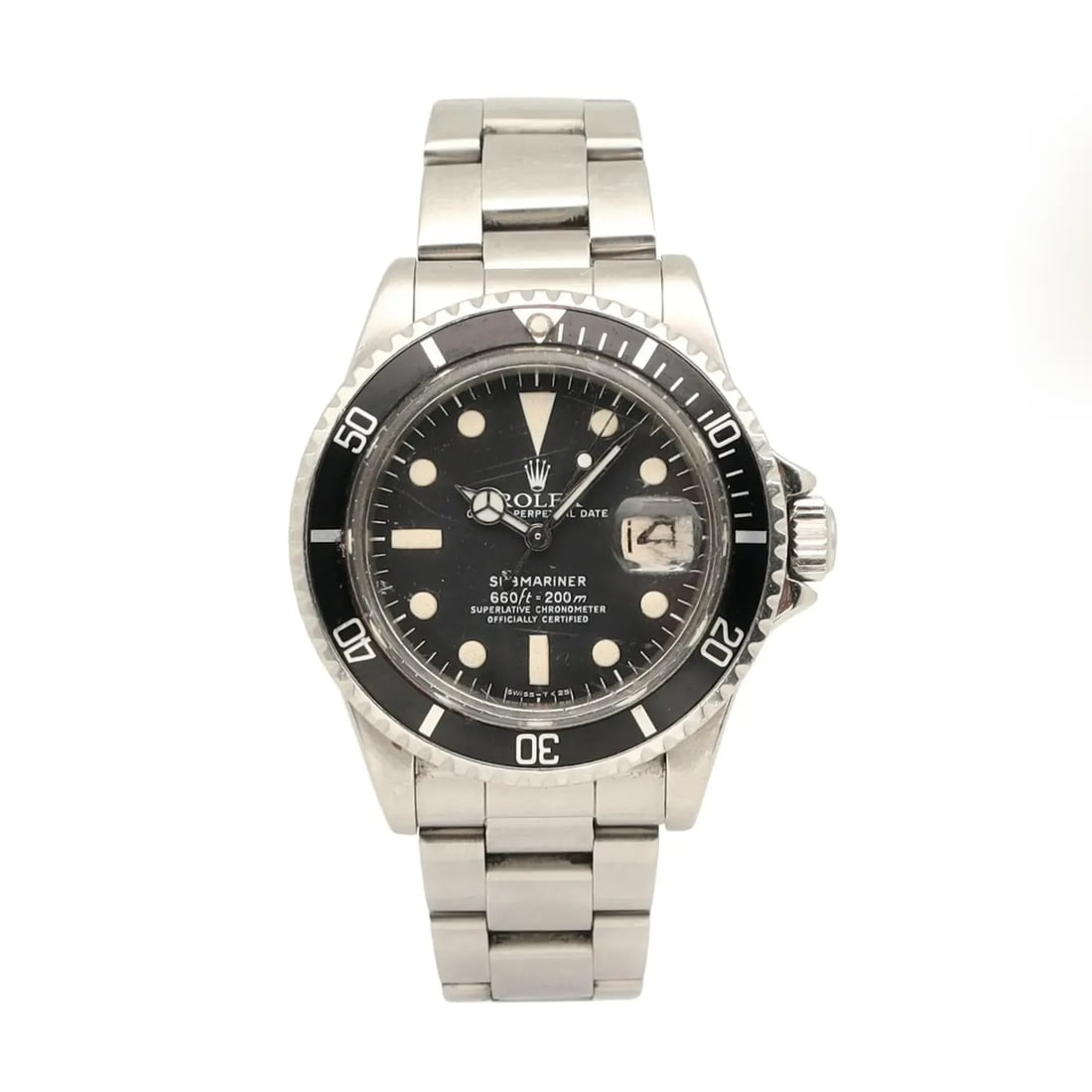Rolex Submariner 1680 mens wristwatch 40mm black dial steel: Rolex Submariner 1680 mens wristwatch 40mm black dial steel Vintage Rolex Submariner reference 1680 with a black dial and stainless steel case and bracelet. This men's automatic wristwatch has an anal