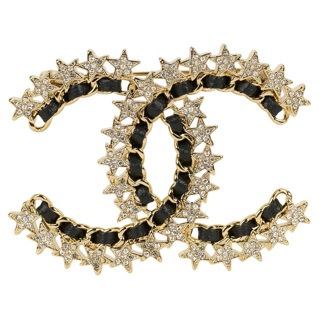 Chanel Cruise 2023 CC Logo Brooch with Stars Leather and Crystals: Chanel Cruise 2023 CC Logo Brooch with Stars Leather and Crystals Chanel CC logo pin from the Cruise 2023 collection, featuring star decoration with crystals and black leather on light gold/champagne 