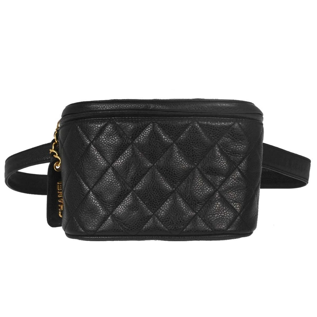 Chanel Vintage Zip Belt Quilted Caviar Leather Bag Black: Chanel Vintage Zip Belt Quilted Caviar Leather Bag Black Vintage Chanel Zip Belt in black quilted caviar leather. This piece is designed for women and is in very good condition, with cracks noted to t