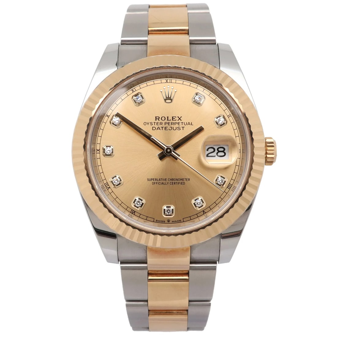 Rolex 126333 Datejust mens 41 mm watch with diamond bezel: Rolex 126333 Datejust mens 41 mm watch with diamond bezel Pre-owned Rolex Datejust wristwatch with automatic movement and a champagne sunburst dial accented by diamond details. This men's watch featur