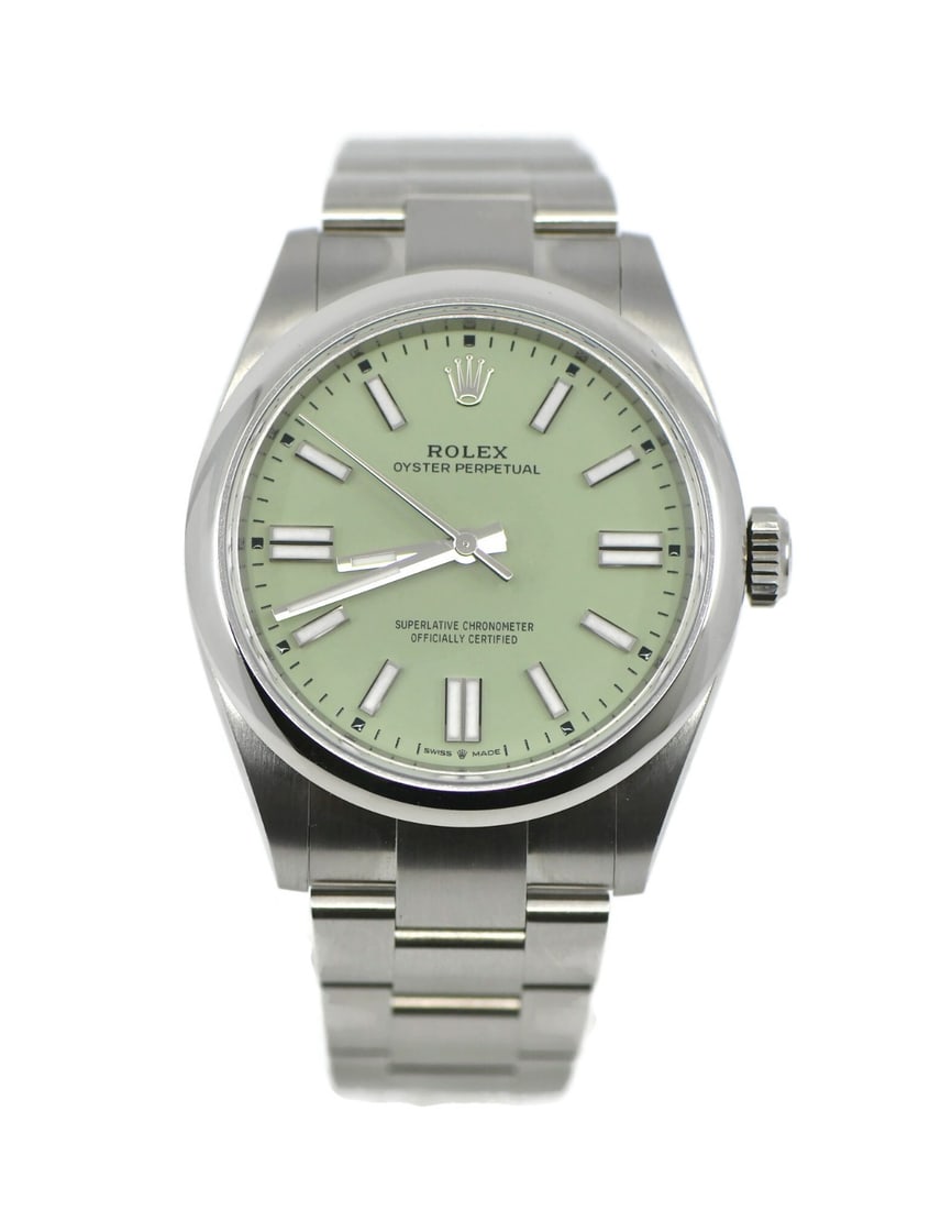 Rolex 134300 Oyster Perpetual 41mm green dial stainless steel wristwatch: Rolex 134300 Oyster Perpetual 41mm green dial stainless steel wristwatch Rolex Oyster Perpetual 41 wristwatch with a pistachio green dial, stainless steel case, and Rolex Oyster bracelet. This pre-own