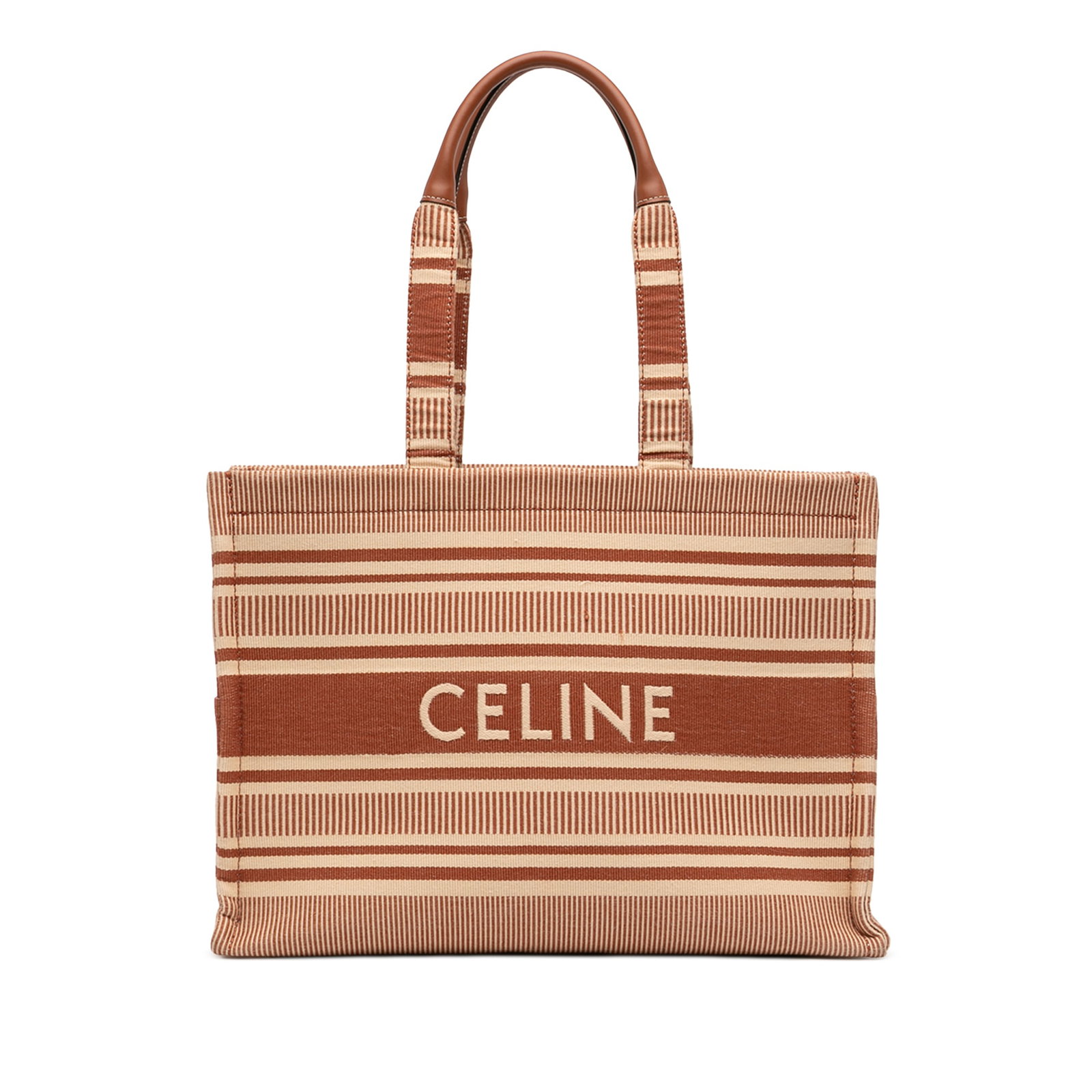 Celine Cabas Thais Large Striped Canvas Tote Bag: Celine Cabas Thais Large Striped Canvas Tote Bag A Celine Cabas Thais tote crafted in striped canvas with flat handles, an open top, exterior side slip pockets, and an interior slip pocket. Made in It