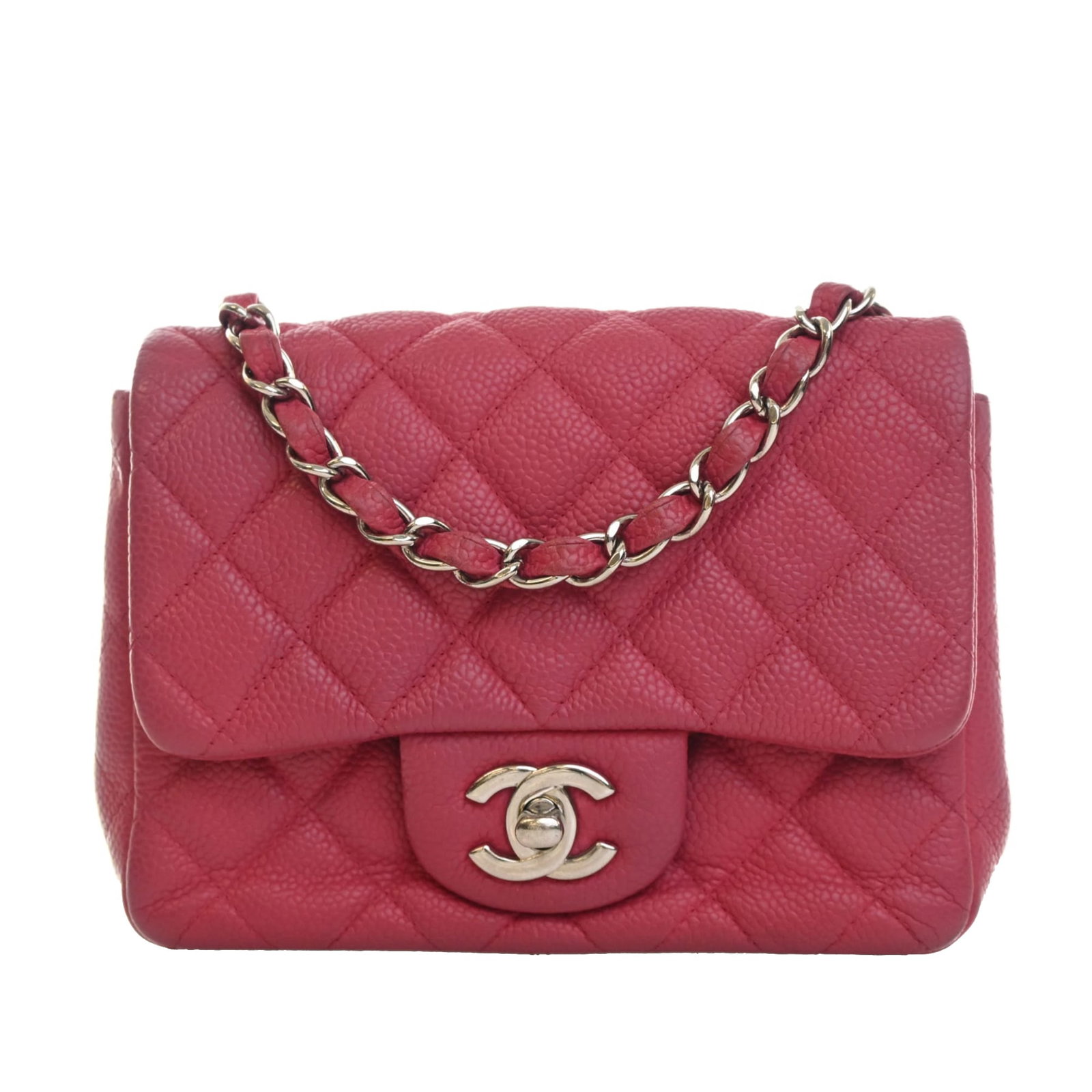 Chanel Mini Square Classic Flap Crossbody in Pink Caviar Leather: Chanel Mini Square Classic Flap Crossbody in Pink Caviar Leather A Chanel Mini Square Classic Caviar Single Flap crossbody bag in pink quilted caviar leather. It features a leather-woven chain link st