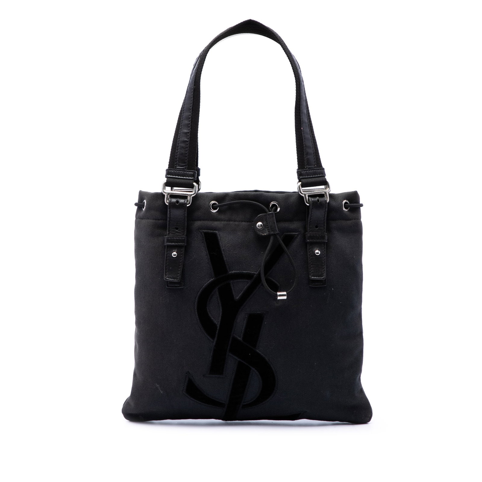 Saint Laurent Kahala Small Monogram Denim Tote Bag: Saint Laurent Kahala Small Monogram Denim Tote Bag Saint Laurent Small Denim Monogram Kahala Tote in black fabric with flat shoulder straps, an open top with drawstring closure, and an interior zip po