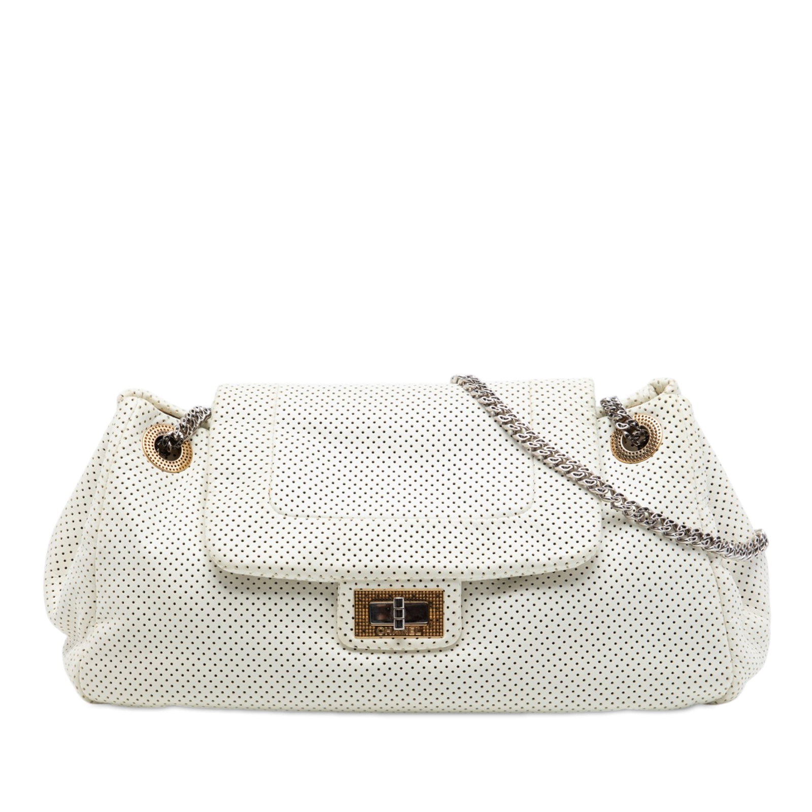Chanel Reissue 2.55 East West Accordion Flap White Calfskin Shoulder Bag: Chanel Reissue 2.55 East West Accordion Flap White Calfskin Shoulder Bag Chanel Perforated Calfskin Reissue 2.55 East West Accordion Flap shoulder bag in white leather. This bag features a perforated 