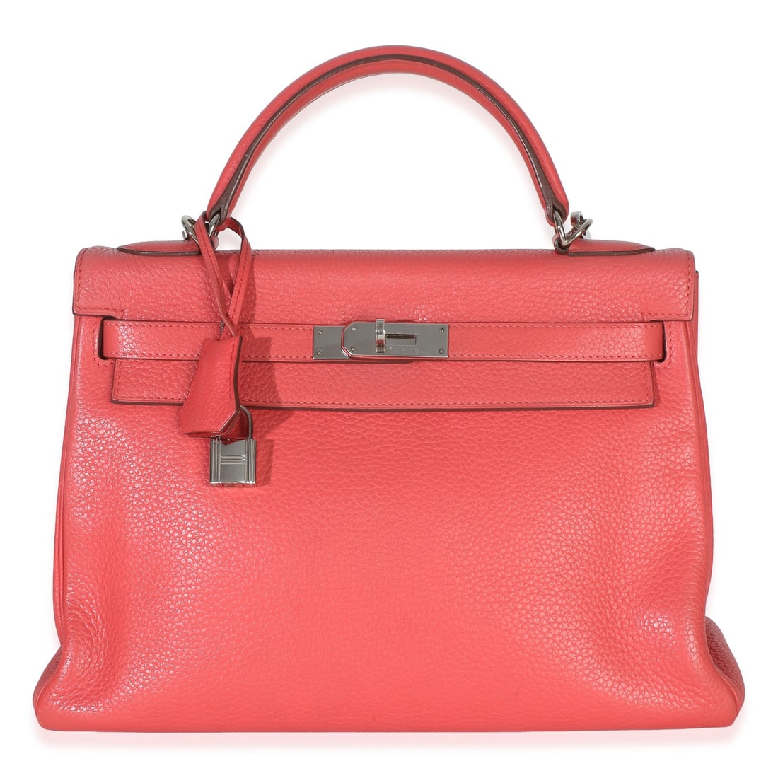 Hermes Kelly 32 Pink Leather Shoulder Bag with Strap: Hermes Kelly 32 Pink Leather Shoulder Bag with Strap Hermes Kelly 32 shoulder bag and top handle bag in rose pink Clemence leather with silver-tone hardware. This pre-owned bag features a turnlock