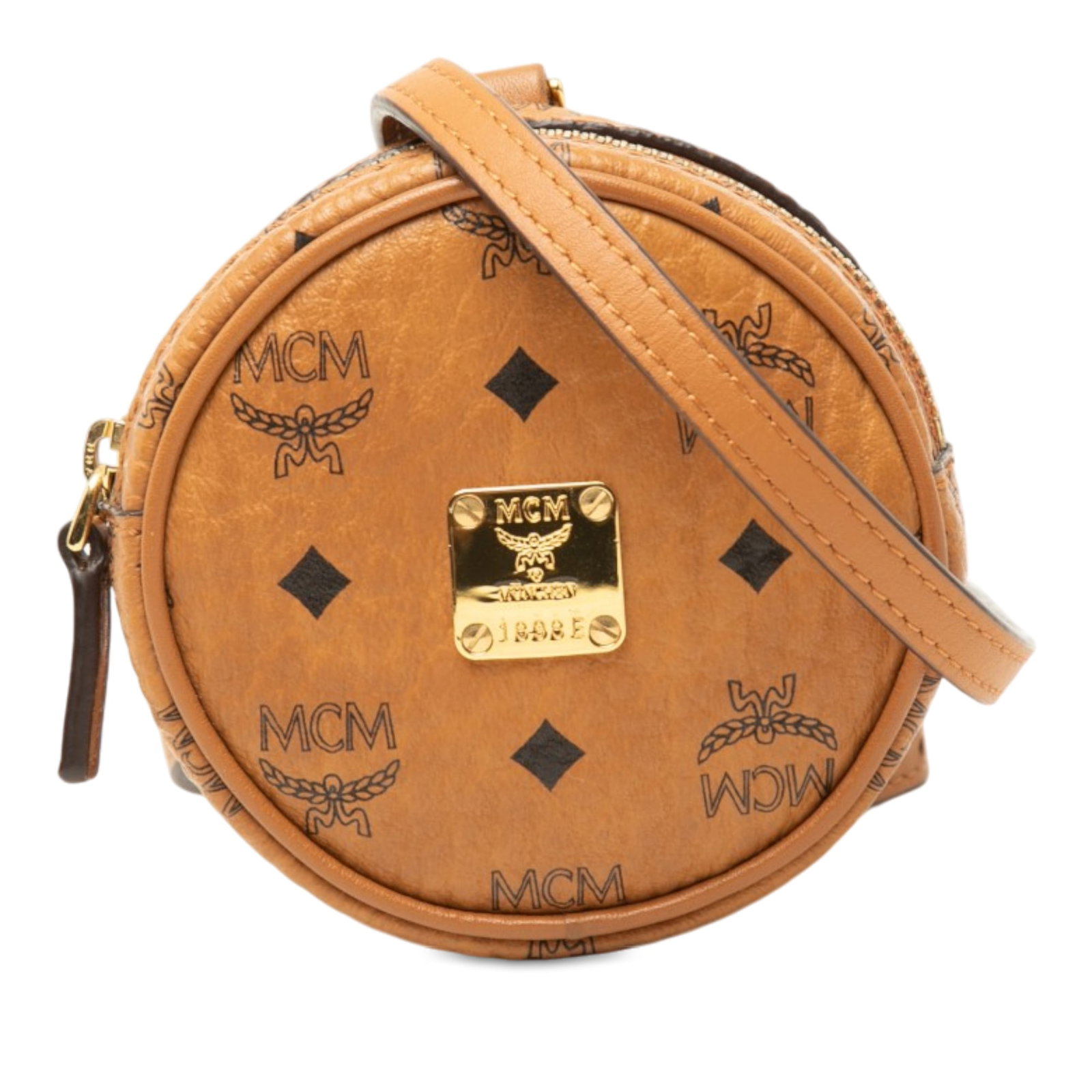 MCM Visetos round coin pouch in coated canvas with strap: MCM Visetos round coin pouch in coated canvas with strap Compact and practical, this MCM Visetos round coin pouch is crafted with a coated canvas body and features an adjustable, detachable flat strap