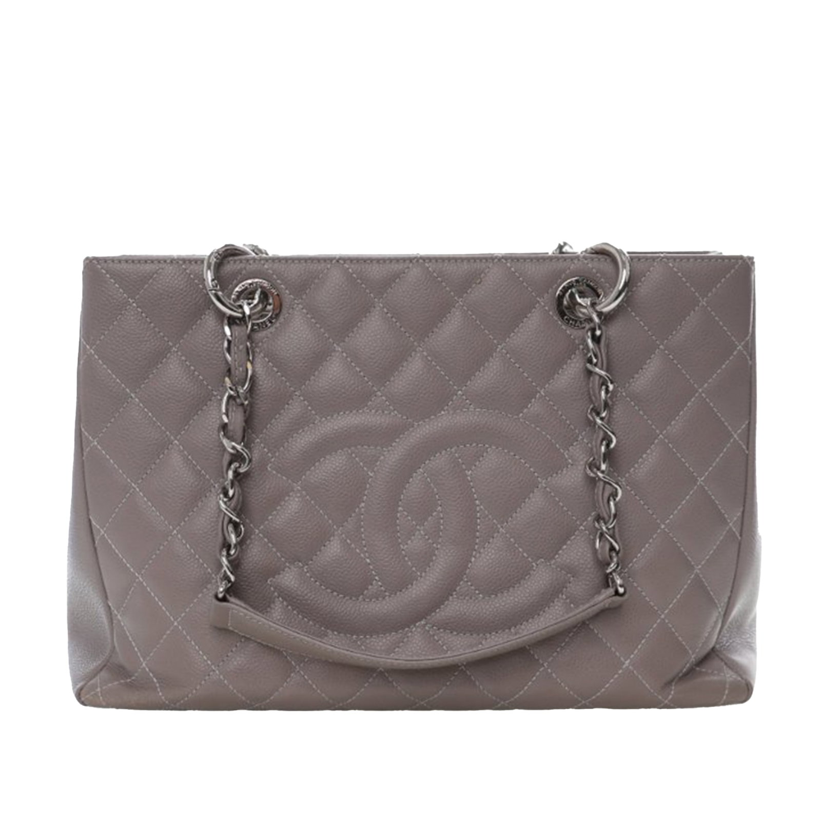 Chanel Grand Shopping Tote Gray Caviar Leather Shoulder Bag: Chanel Grand Shopping Tote Gray Caviar Leather Shoulder Bag Chanel Grand Shopping Tote in gray quilted caviar leather with leather-woven chain shoulder straps and an open-top design. The bag includes