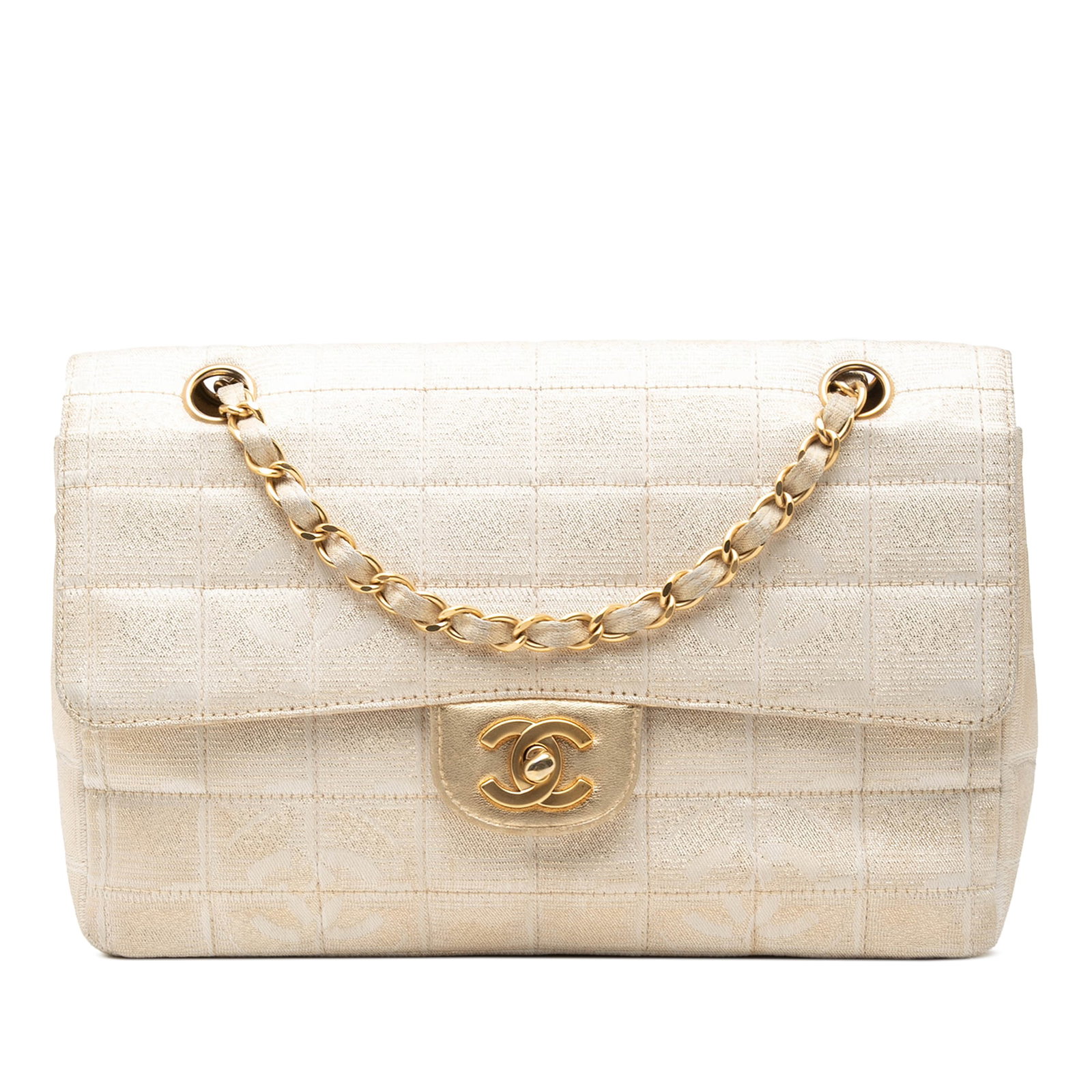 Chanel New Travel Line Medium Metallic Nylon Shoulder Bag: Chanel New Travel Line Medium Metallic Nylon Shoulder Bag Medium Chanel New Travel Line single flap shoulder bag in metallic gold nylon. The bag features nylon woven chain link straps, a front flap wi