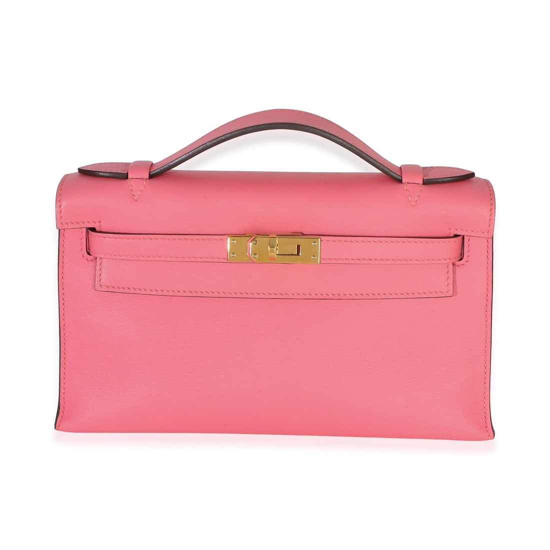 Hermes Kelly Pochette Swift Leather Rose Azalee Pink Bag: Hermes Kelly Pochette Swift Leather Rose Azalee Pink Bag Hermes Kelly Pochette in Rose Azalee Swift leather with gold-tone hardware. This pre-owned top handle handbag features a turnlock closure, pink