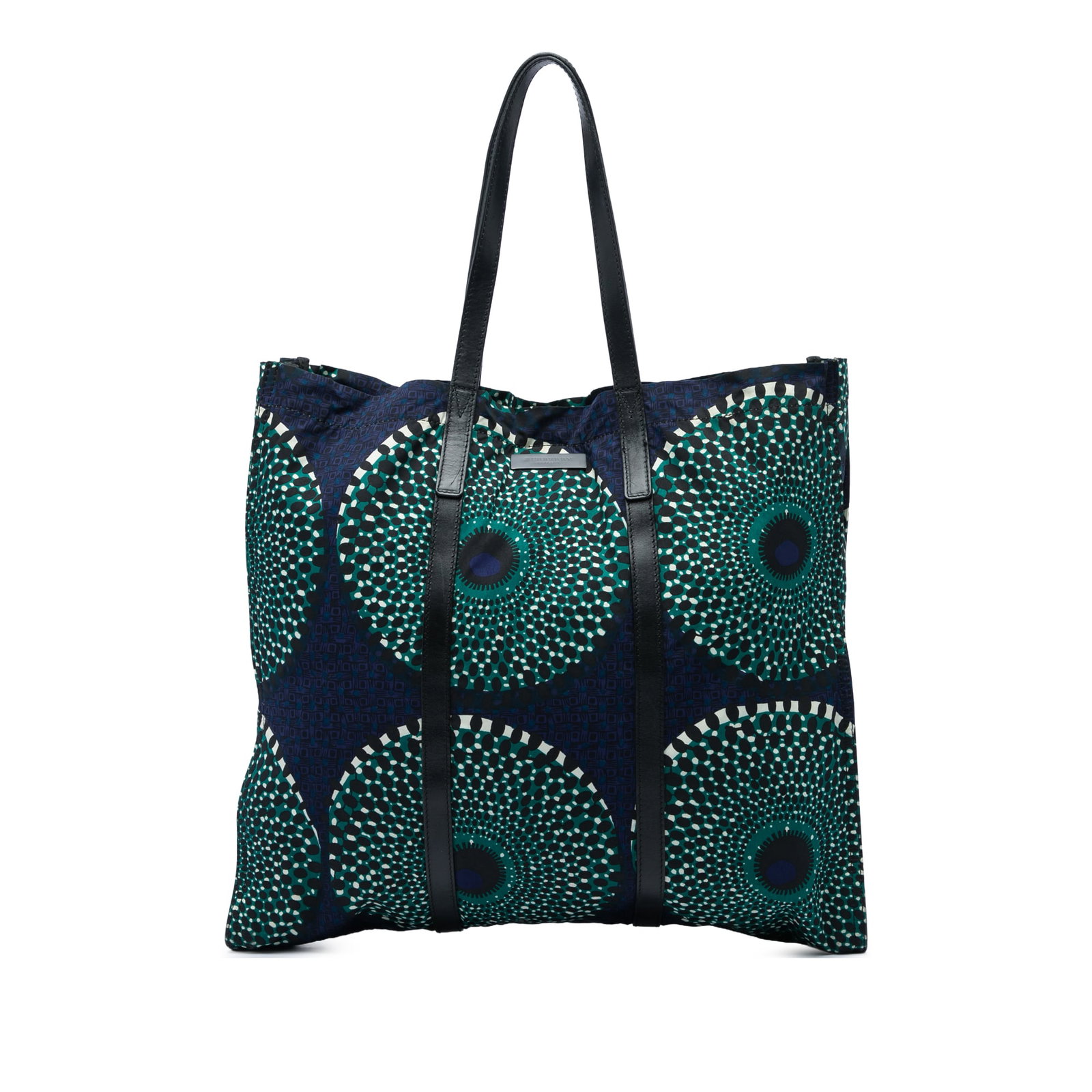 Burberry Prorsum printed nylon tote with leather trim: Burberry Prorsum printed nylon tote with leather trim A Burberry Prorsum printed nylon tote with leather trim and flat leather handles. The open-top design has a snap button closure and an interior zi