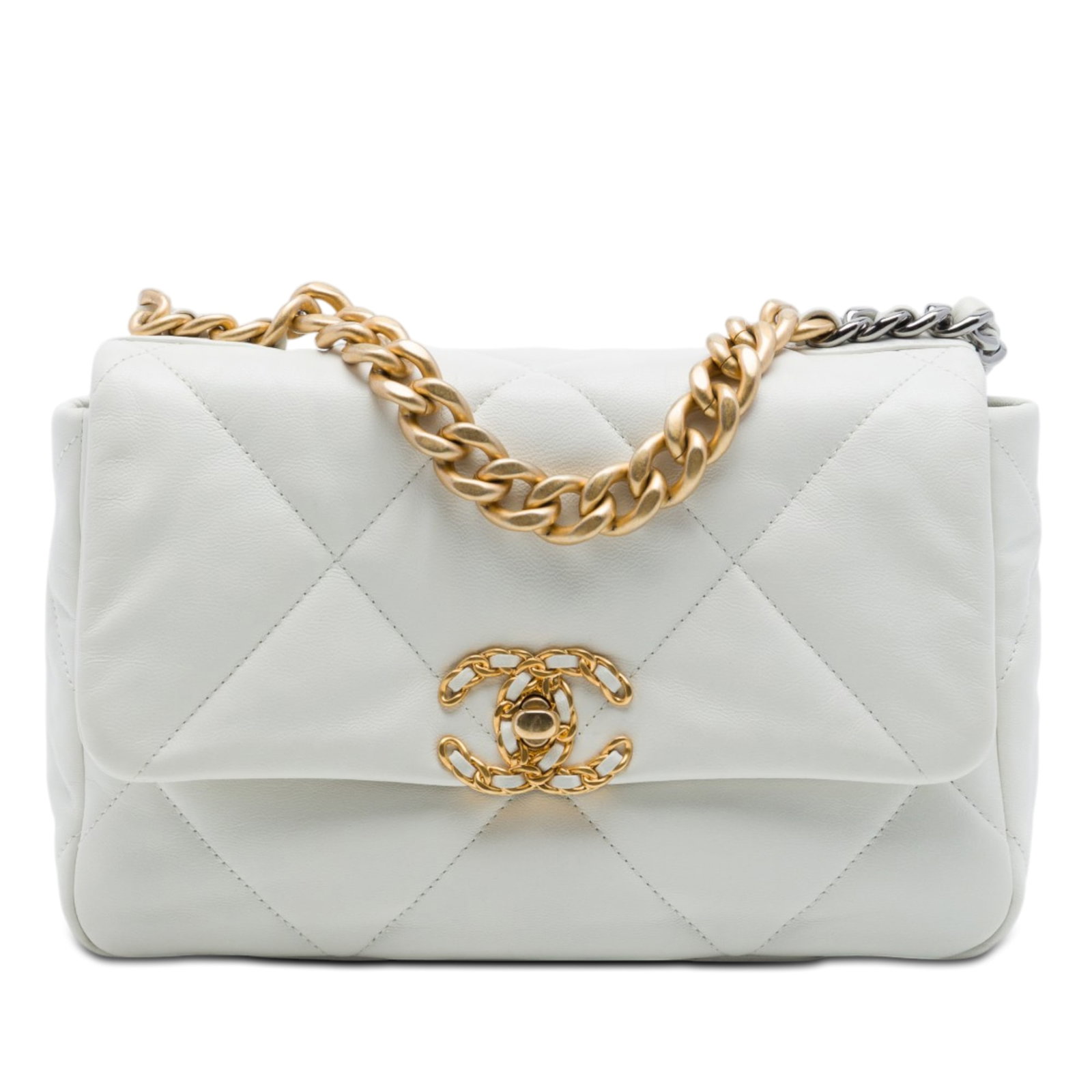 Chanel 19 Medium Flap Shoulder Bag White Lambskin: Chanel 19 Medium Flap Shoulder Bag White Lambskin The Chanel Medium 19 Flap is crafted in white quilted lambskin leather and features a gold-tone chain handle, a leather-woven chain shoulder strap, a 