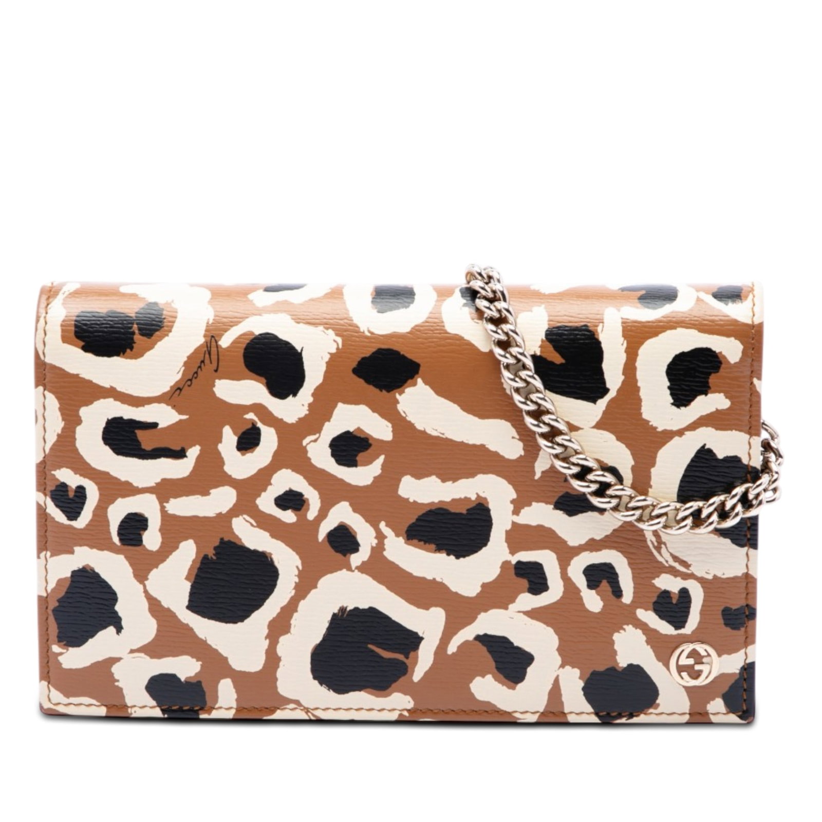 Gucci Betty Wallet on Chain in Leopard Print Calfskin: Gucci Betty Wallet on Chain in Leopard Print Calfskin Gucci Betty wallet on chain in brown calfskin with a leopard print design. This piece features a chain-link strap, a front flap with magnetic snap