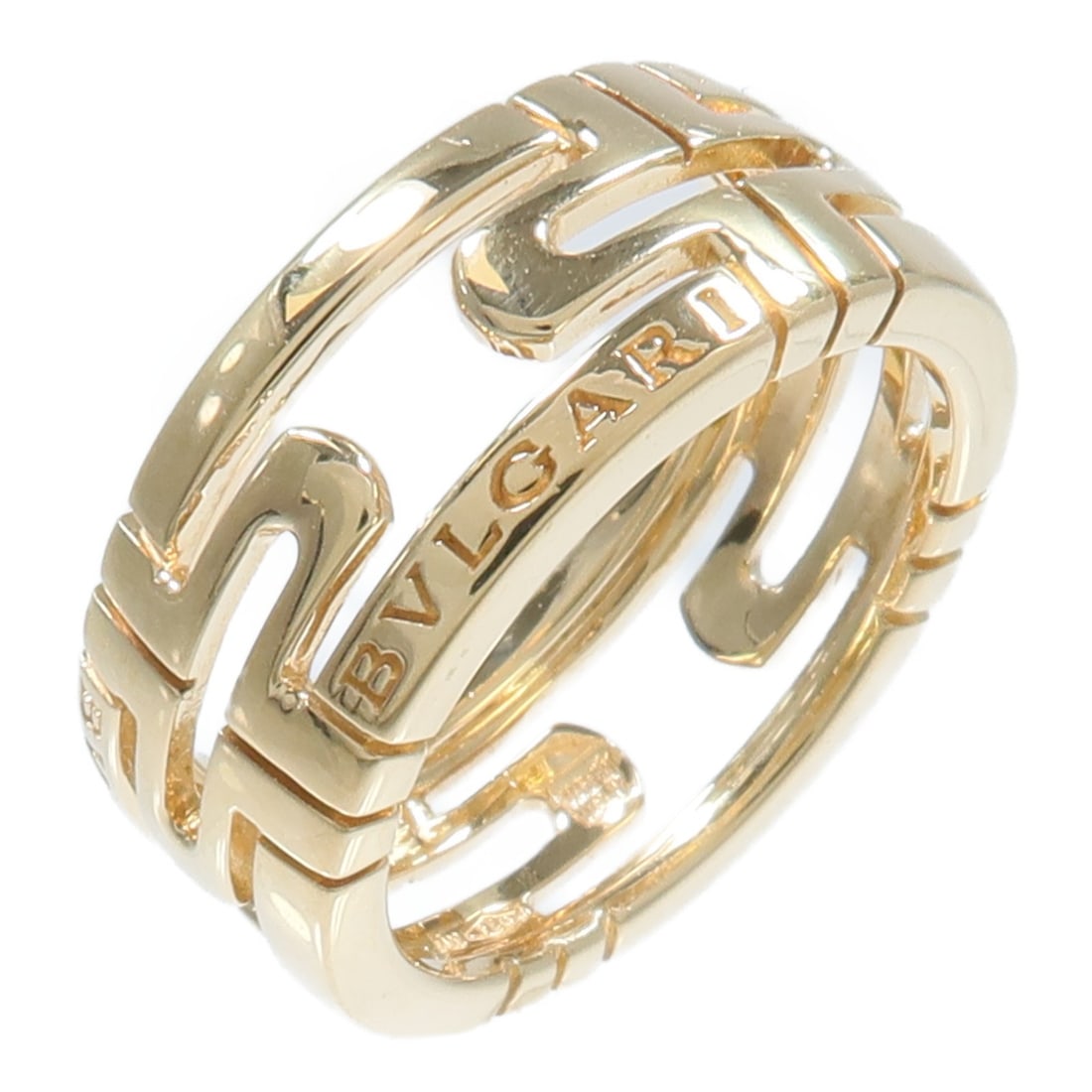 BVLGARI Parentesi 18K Yellow Gold Ring US 4.5 Size 49: BVLGARI Parentesi 18K Yellow Gold Ring US 4.5 Size 49 BVLGARI Parentesi ring crafted in 18K yellow gold with the iconic geometric design. This women's ring is a size US 4.5 and is engraved 49. Conditi