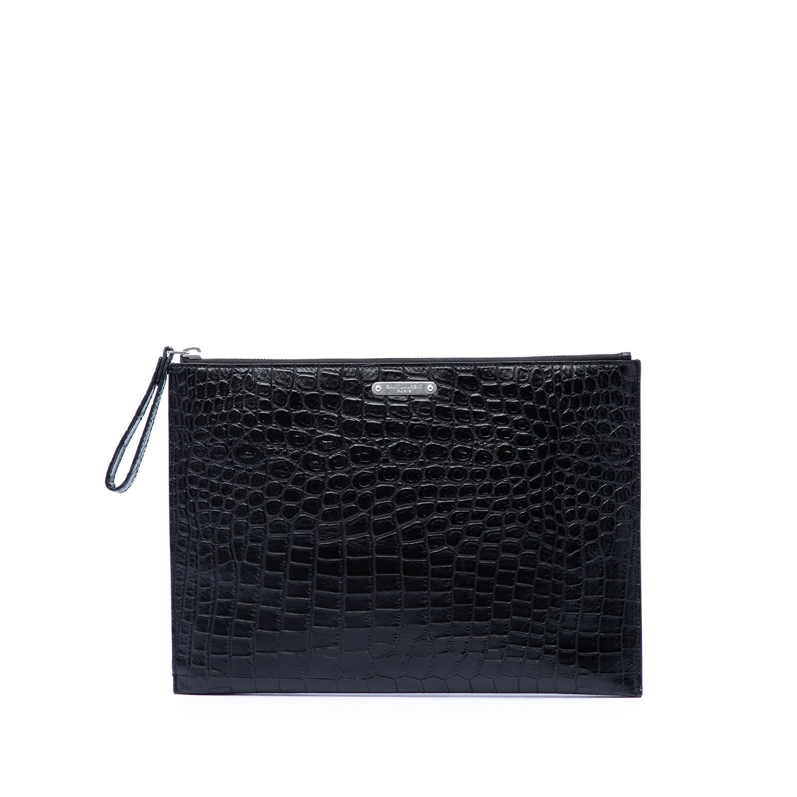 Black Leather Zip Clutch Saint Laurent Croc Embossed (1 of 6)