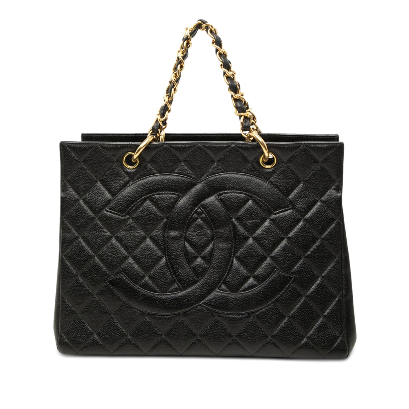 Chanel Timeless Shopping Tote Grand CC Black Caviar Leather: Chanel Timeless Shopping Tote Grand CC Black Caviar Leather Chanel Grand CC Caviar Timeless Shopping Tote in black quilted caviar leather. This tote features leather-woven chain straps, an open top,