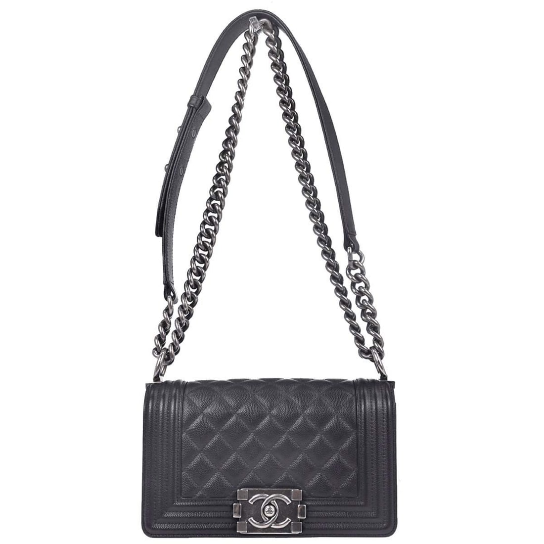 CHANEL Boy Chanel Mini Black Caviar Leather Shoulder Bag: CHANEL Boy Chanel Mini Black Caviar Leather Shoulder Bag Chanel Boy Chanel small chain shoulder bag in black caviar skin leather with a clasp flap closure, fabric lining, and an interior pocket. This 