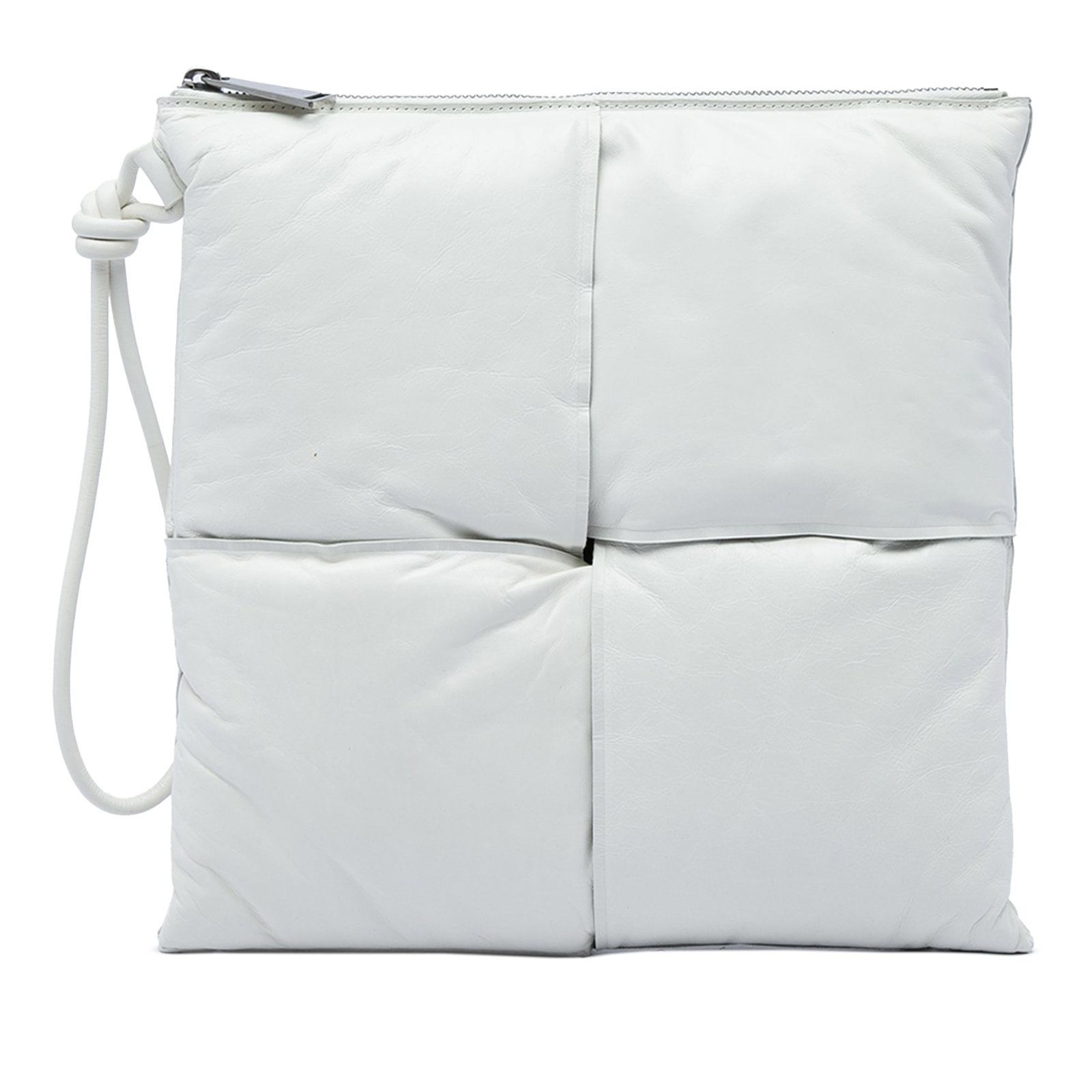Bottega Veneta Maxi Intrecciato Nappa Leather Wristlet Clutch: Bottega Veneta Maxi Intrecciato Nappa Leather Wristlet Clutch A Bottega Veneta wristlet pouch crafted in white leather with the brand's padded Maxi Intrecciato design. This clutch-style bag features a