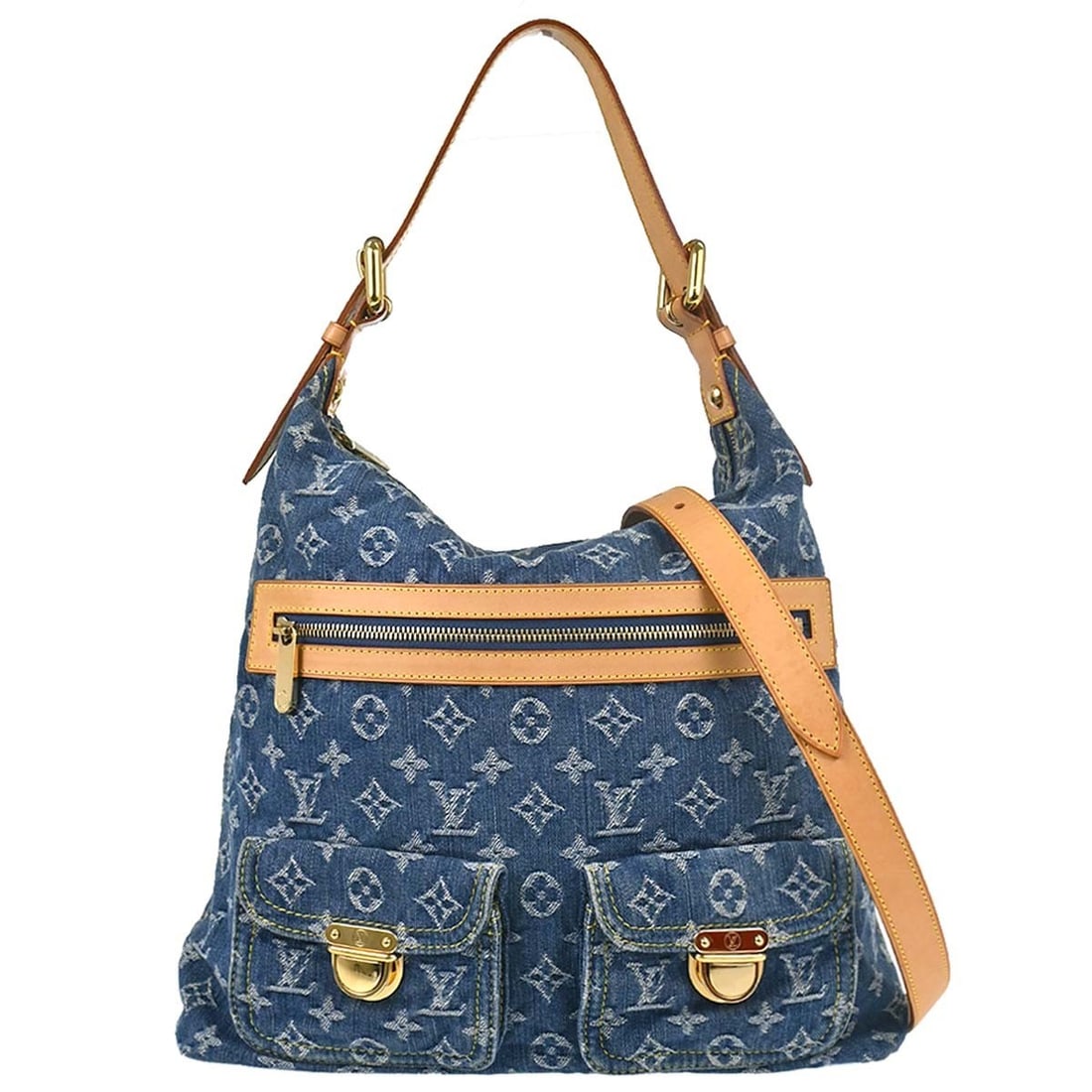 Louis Vuitton Baggy GM Monogram Denim Hobo Bag M95048: Louis Vuitton Baggy GM Monogram Denim Hobo Bag M95048 Louis Vuitton Baggy GM 2-way shoulder bag in blue Monogram denim canvas with leather trim and a beige strap. This medium hobo-style bag features a
