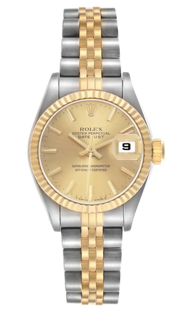 Rolex 69173 Datejust Lady Watch Champagne Dial Jubilee Bracelet: Rolex 69173 Datejust Lady Watch Champagne Dial Jubilee Bracelet Rolex Datejust Lady wristwatch featuring a champagne stick dial, fluted bezel, and D-Link Jubilee bracelet. This ladies model is identif