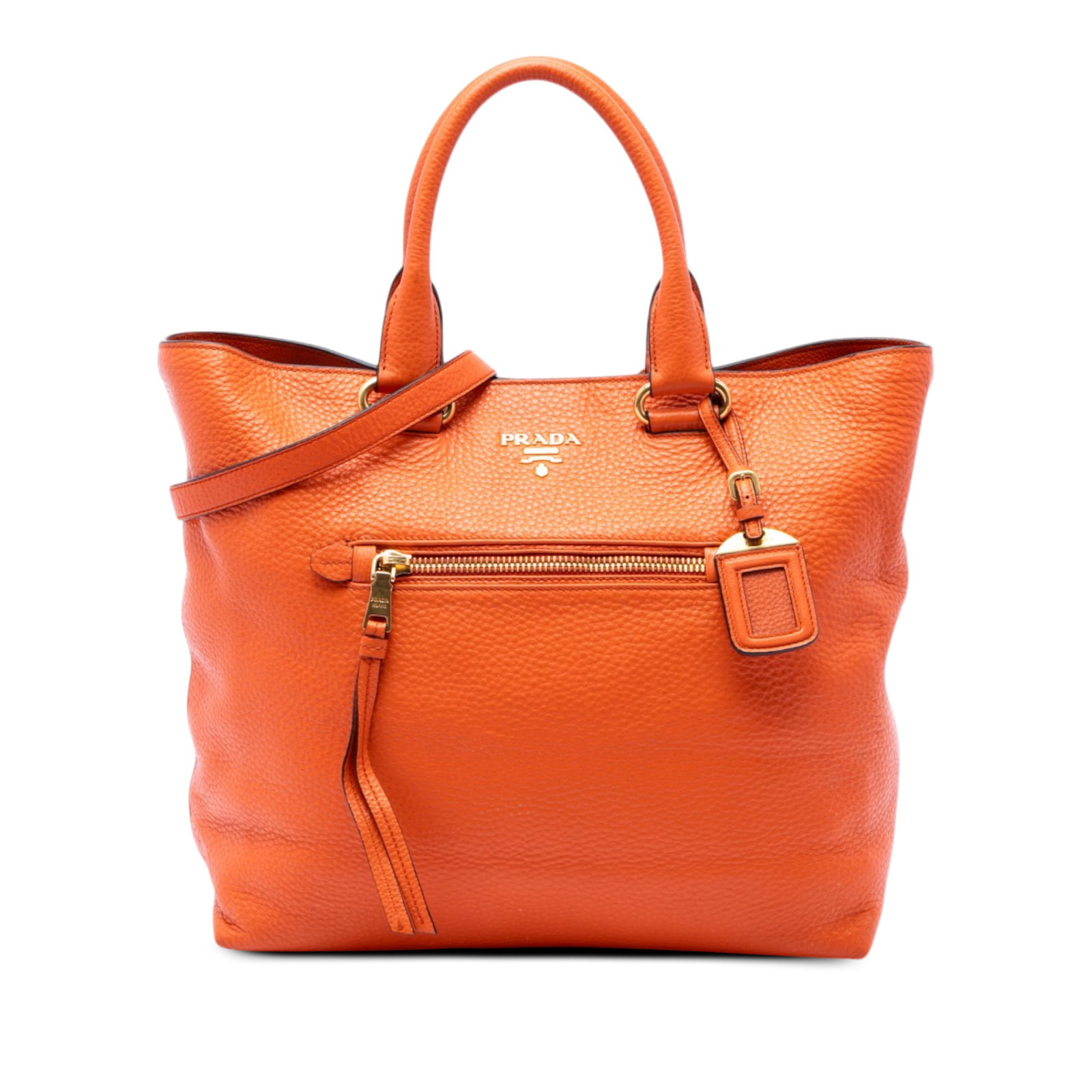 Prada Vitello Daino leather satchel with detachable strap orange: Prada Vitello Daino leather satchel with detachable strap orange Prada Vitello Daino Front Pocket Open Convertible Tote in orange leather. This satchel-style bag features rolled leather handles, a det
