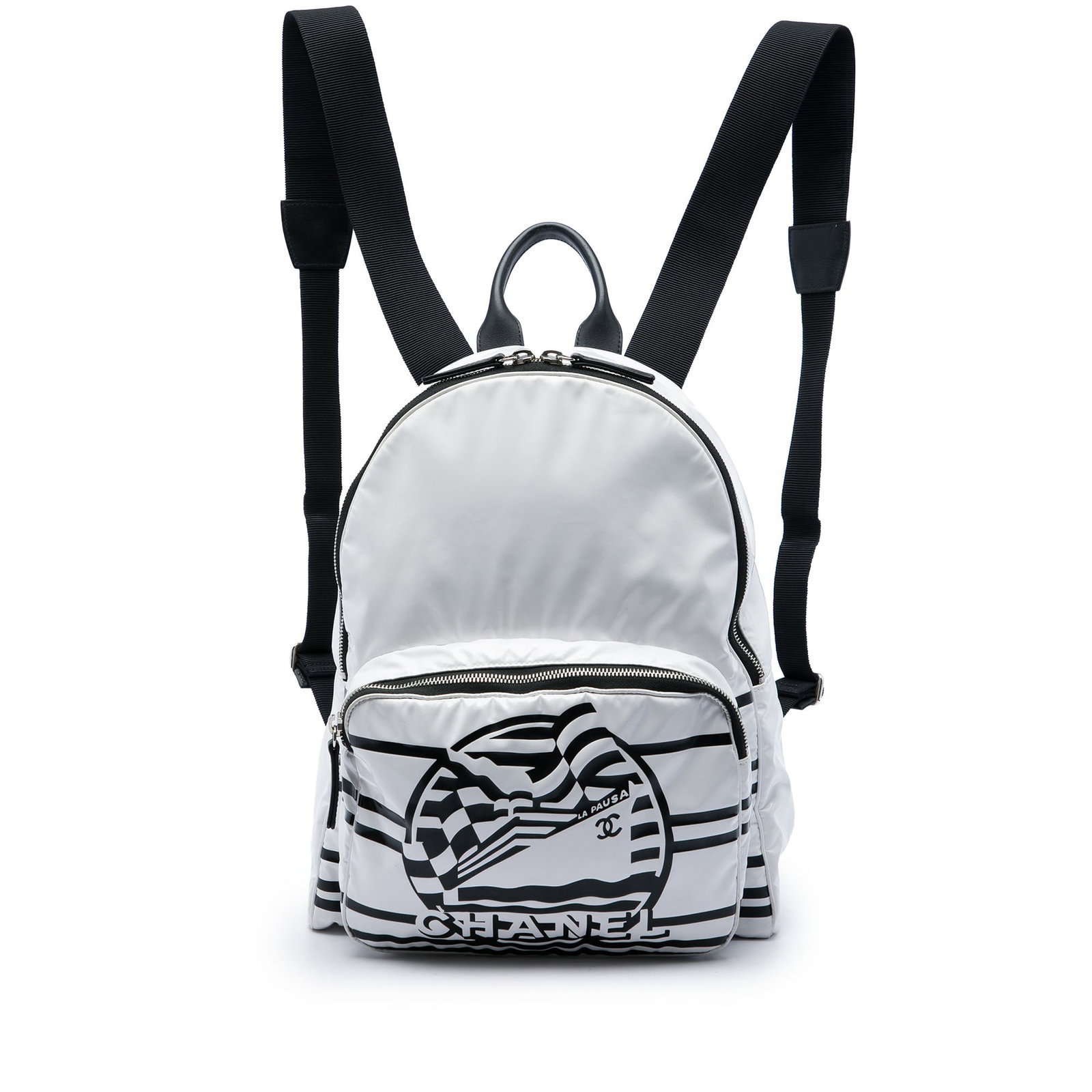 Chanel La Pausa Bay Vinyl Backpack White: Chanel La Pausa Bay Vinyl Backpack White A Chanel La Pausa Bay backpack in white vinyl with leather trim. This backpack features a flat leather top handle, adjustable flat back straps, a top zip closu