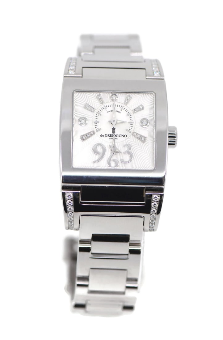 de Grisogono Instrumentine wristwatch in stainless steel with diamond bezel No5: de Grisogono Instrumentine wristwatch in stainless steel with diamond bezel No5 Pre-owned de Grisogono Instrumentine wristwatch with an automatic mechanical movement, stainless steel case and bracelet