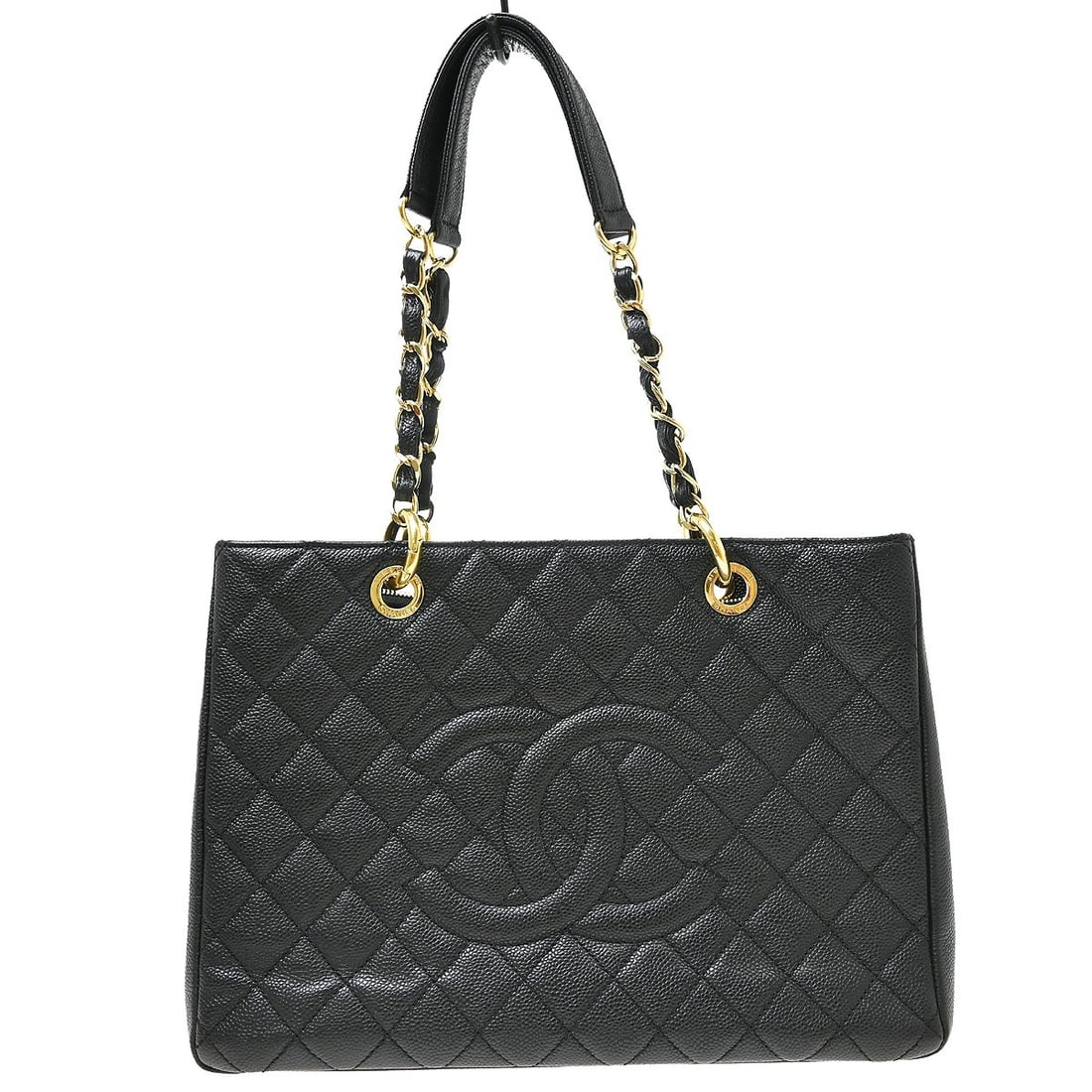 CHANEL GST Grand Shopping Tote Black Caviar Leather Chain Bag: CHANEL GST Grand Shopping Tote Black Caviar Leather Chain Bag Chanel Grand Shopping Tote GST chain handbag in black caviar skin leather. This medium tote features double handles, logo accents, inner p