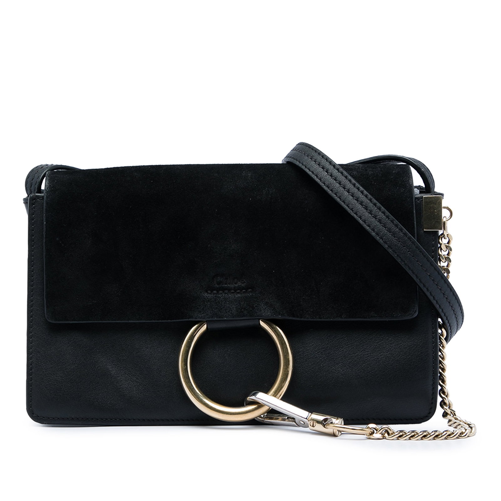 Chloe Faye Small Crossbody Bag in Black Suede Calfskin: Chloe Faye Small Crossbody Bag in Black Suede Calfskin Chloe Small Faye crossbody bag crafted in suede and calfskin leather with a black finish. This compact design features an adjustable flat leather