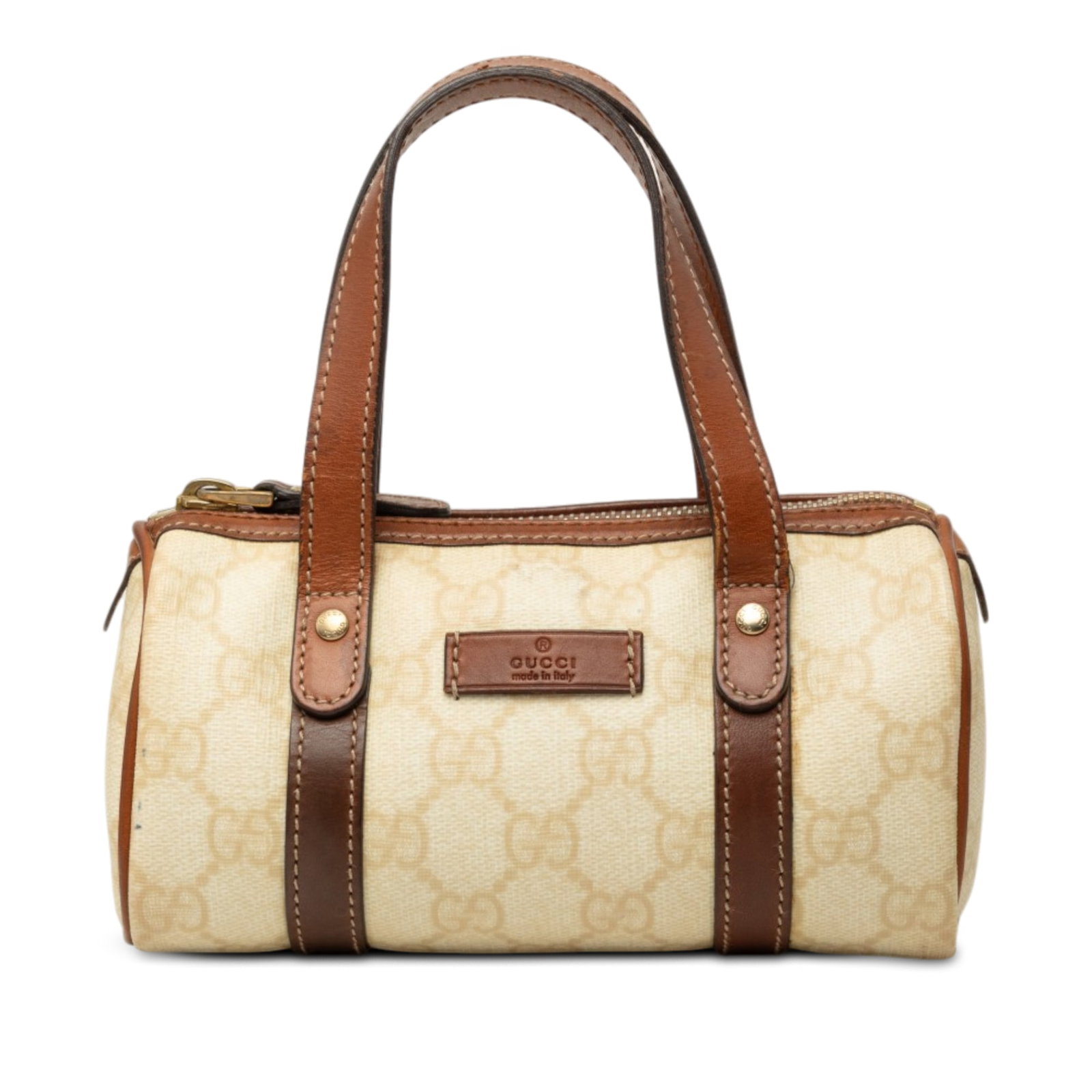 Gucci Joy Boston Mini Bag in GG Supreme Canvas: Gucci Joy Boston Mini Bag in GG Supreme Canvas Compact Gucci Joy Boston bag in white Mini GG Supreme coated canvas with leather trim and rolled leather top handles. The bag features a top zip closure 