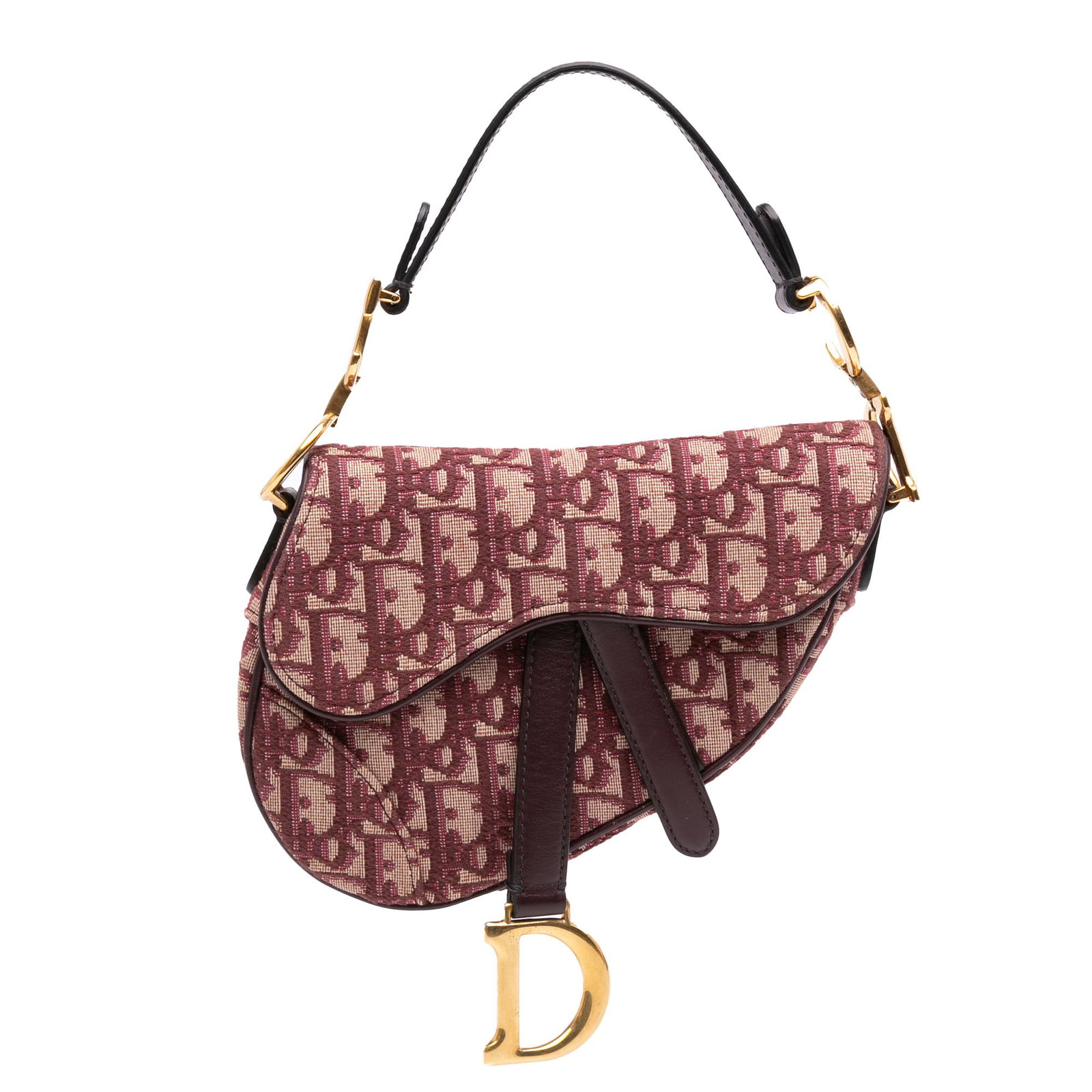 Dior Mini Saddle Bag in Red Oblique Canvas: Dior Mini Saddle Bag in Red Oblique Canvas A Dior Mini Oblique Canvas Saddle Bag in red with the signature saddle silhouette, crafted with a canvas body, a flat leather handle, and a front flap with t