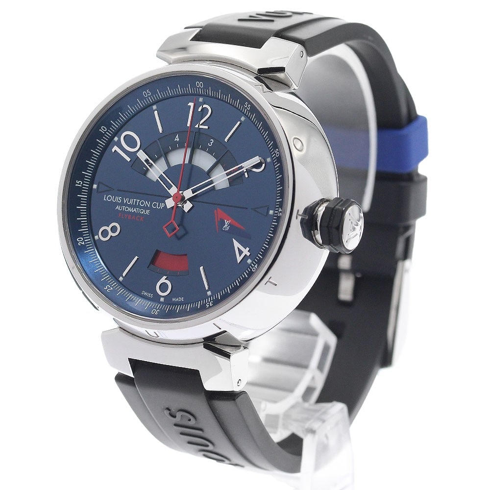Louis Vuitton Tambour Vuitton Cup Q103D Automatic Chronograph Watch: Louis Vuitton Tambour Vuitton Cup Q103D Automatic Chronograph Watch Louis Vuitton Tambour Vuitton Cup Flyback Chronograph automatic wristwatch with a blue dial, stainless steel case, and rubber strap.
