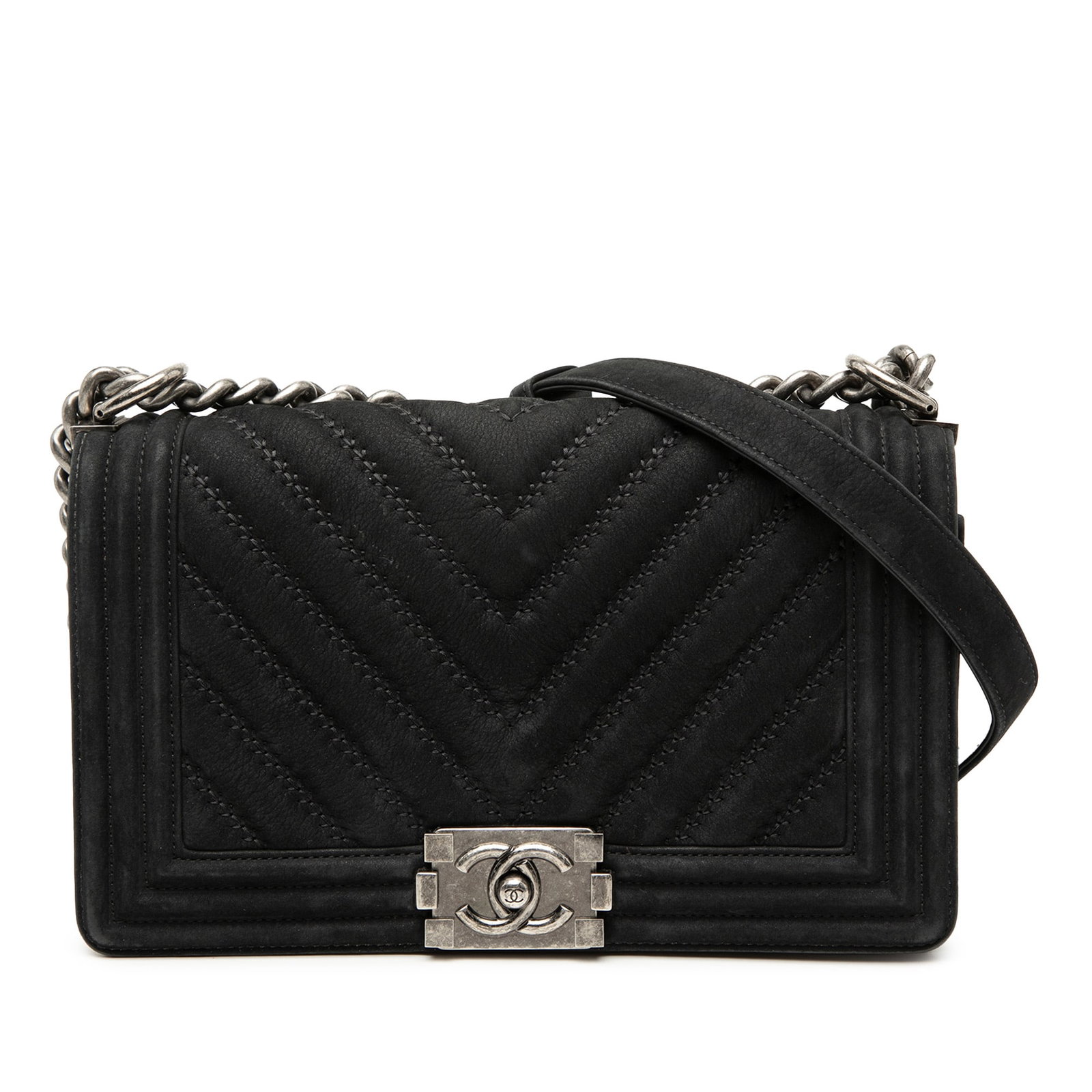 Chanel Boy Flap Old Medium Chevron Black Suede Shoulder Bag: Chanel Boy Flap Old Medium Chevron Black Suede Shoulder Bag The Chanel Old Medium Chevron Suede Boy Flap bag showcases a quilted suede leather body in black with a chevron pattern. It is designed with